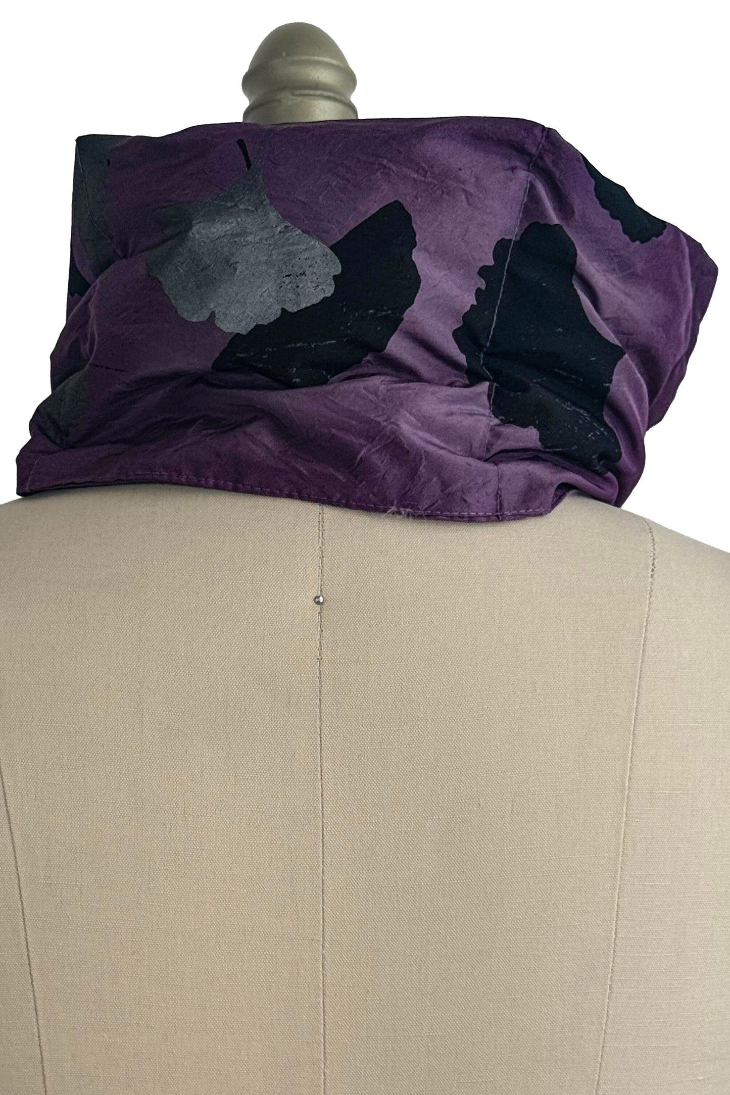 Channeled Silk Neck Scarf w/ Ginkgo Print - Purple, Silver & Black