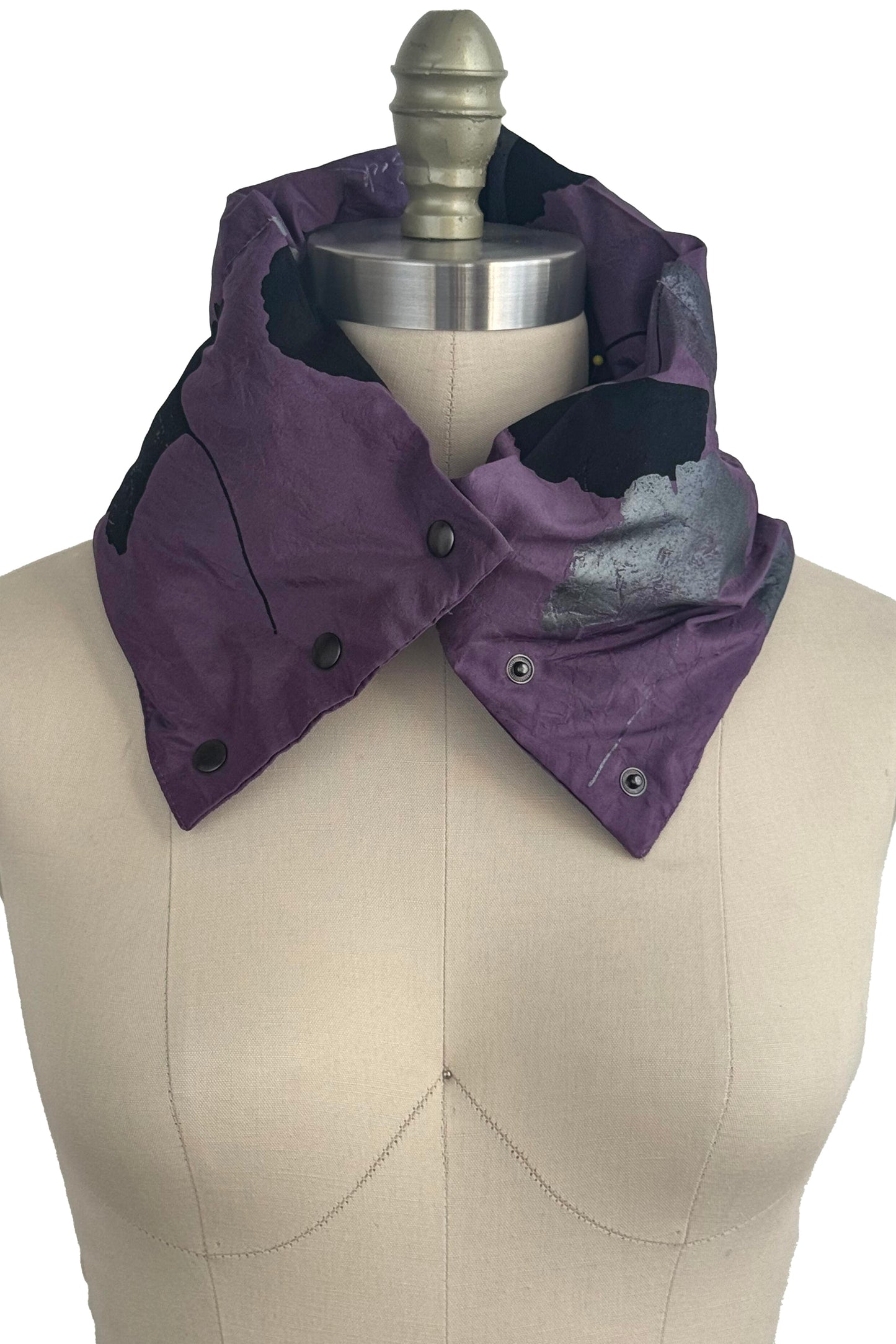 Channeled Silk Neck Scarf w/ Ginkgo Print - Purple, Silver & Black