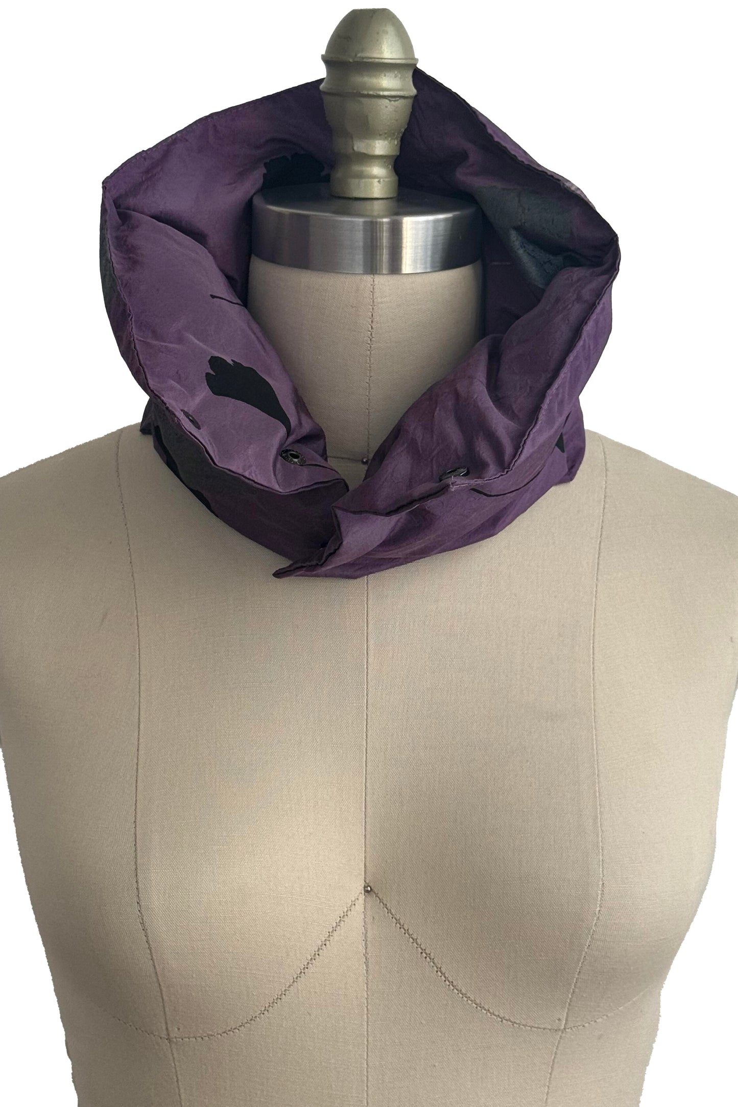 Channeled Silk Neck Scarf w/ Ginkgo Print - Purple, Silver & Black