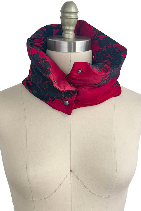 Channeled Silk Neck Scarf w/ Damask Print - Red & Black