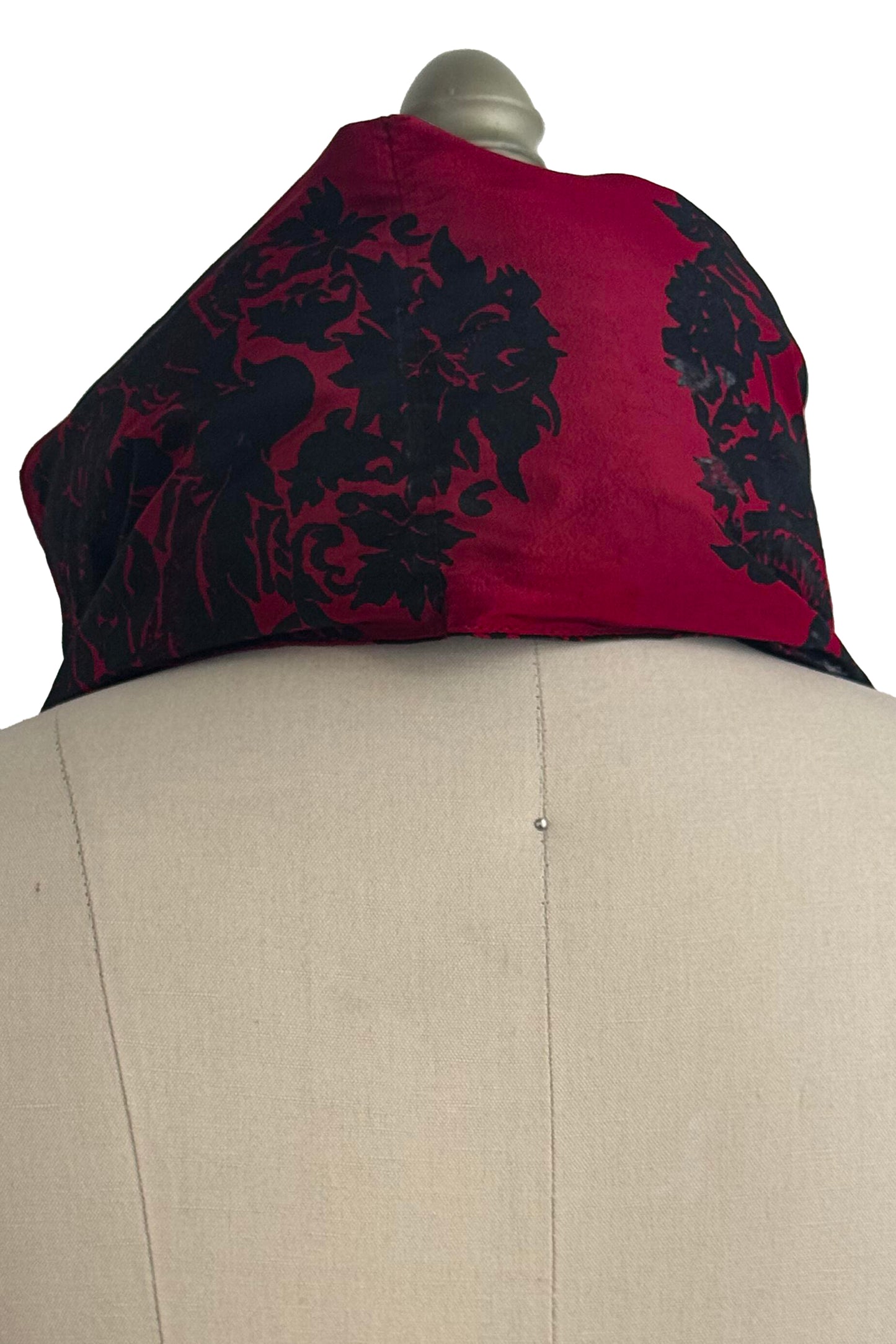 Channeled Silk Neck Scarf w/ Damask Print - Red & Black