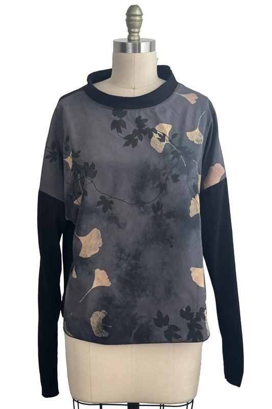 Portia Top | Silk Charmeuse & Organic Cotton Jersey | Hops Vine & Ginkgo Print | Black & Gold | Large