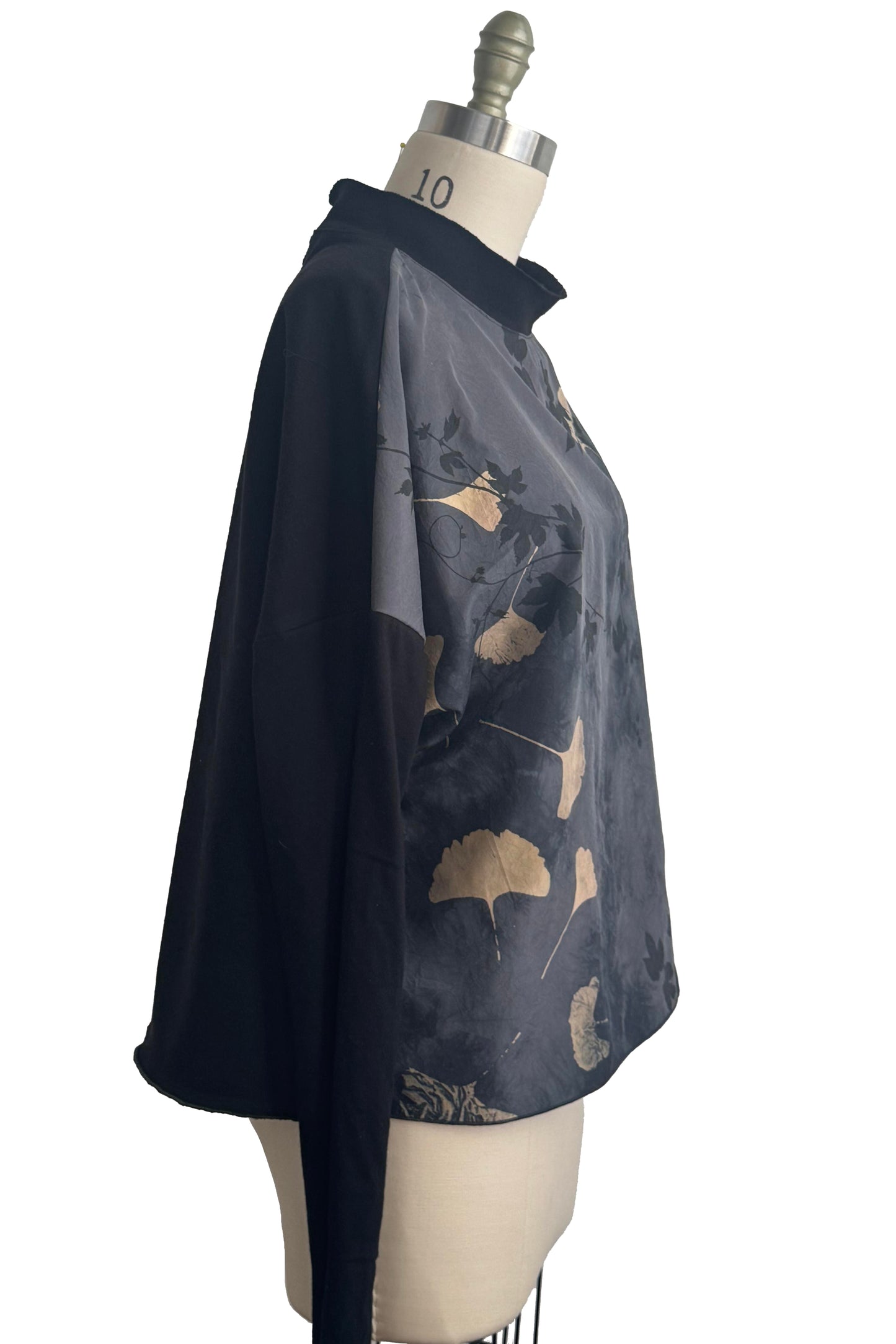 Portia Top | Silk Charmeuse & Organic Cotton Jersey | Hops Vine & Ginkgo Print | Black & Gold | Large