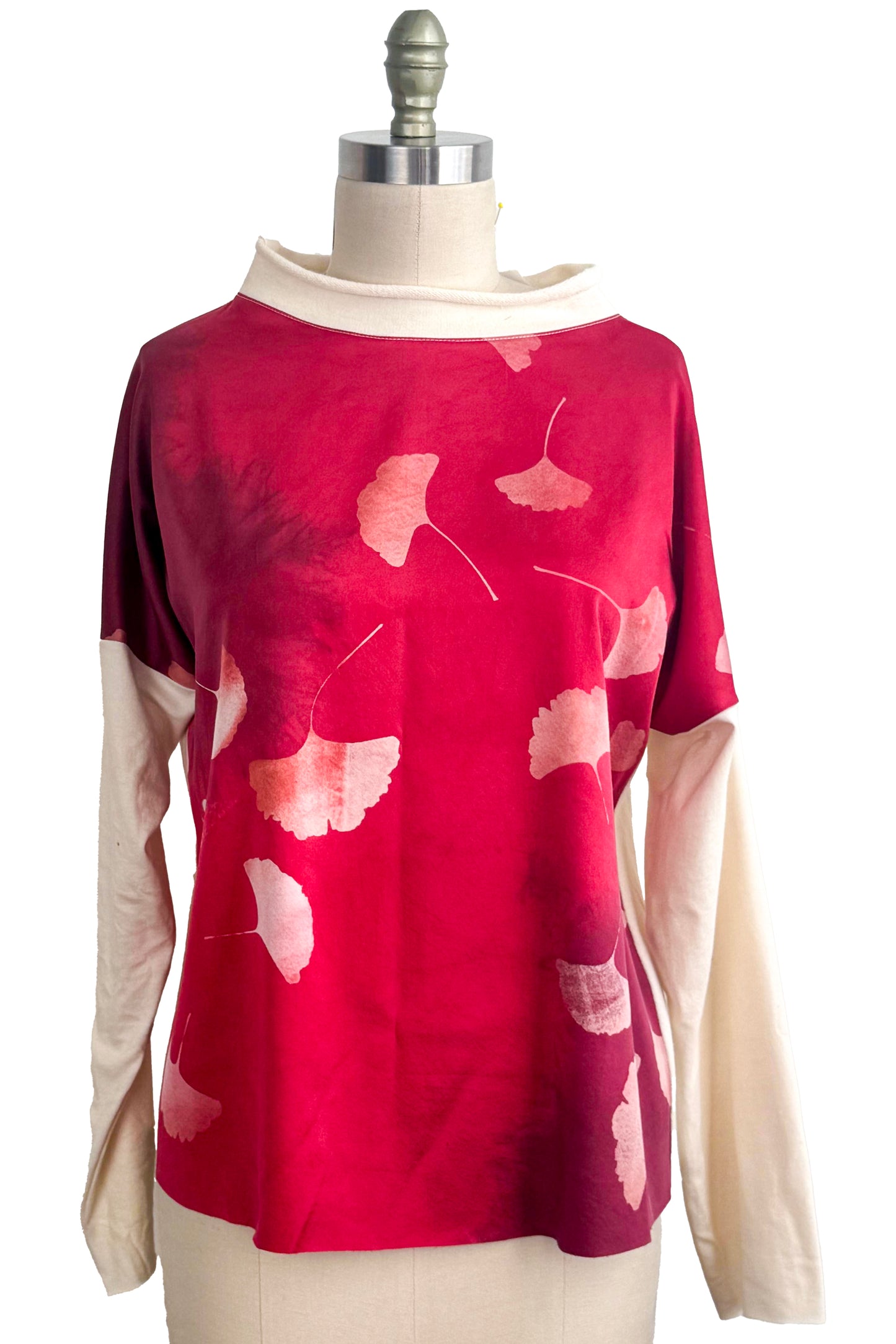 Portia Top | Silk Charmeuse & Organic Cotton Jersey | Ginkgo Print | Red & White | Medium