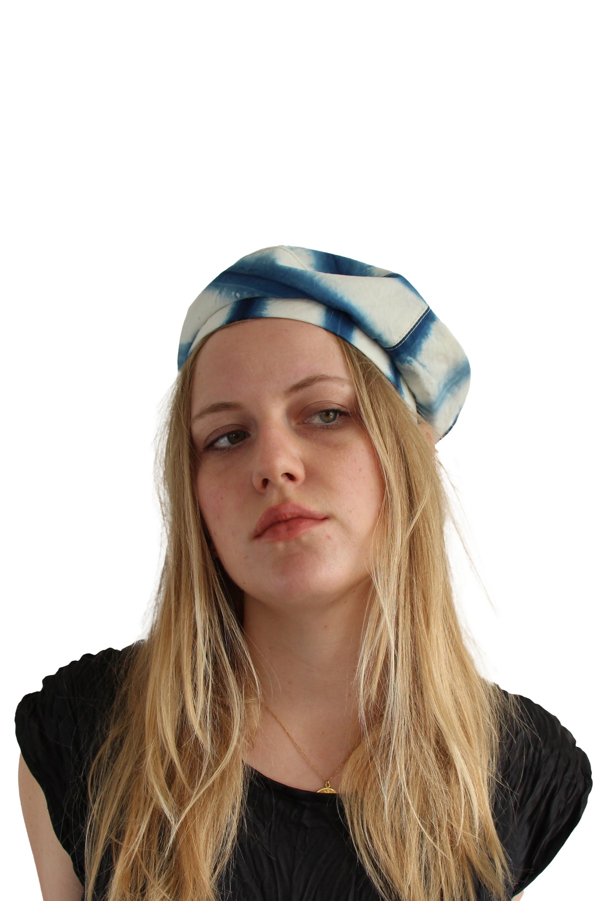 Asymmetrical Beret Hat | Cotton | Indigo & Natural Stripe | Medium