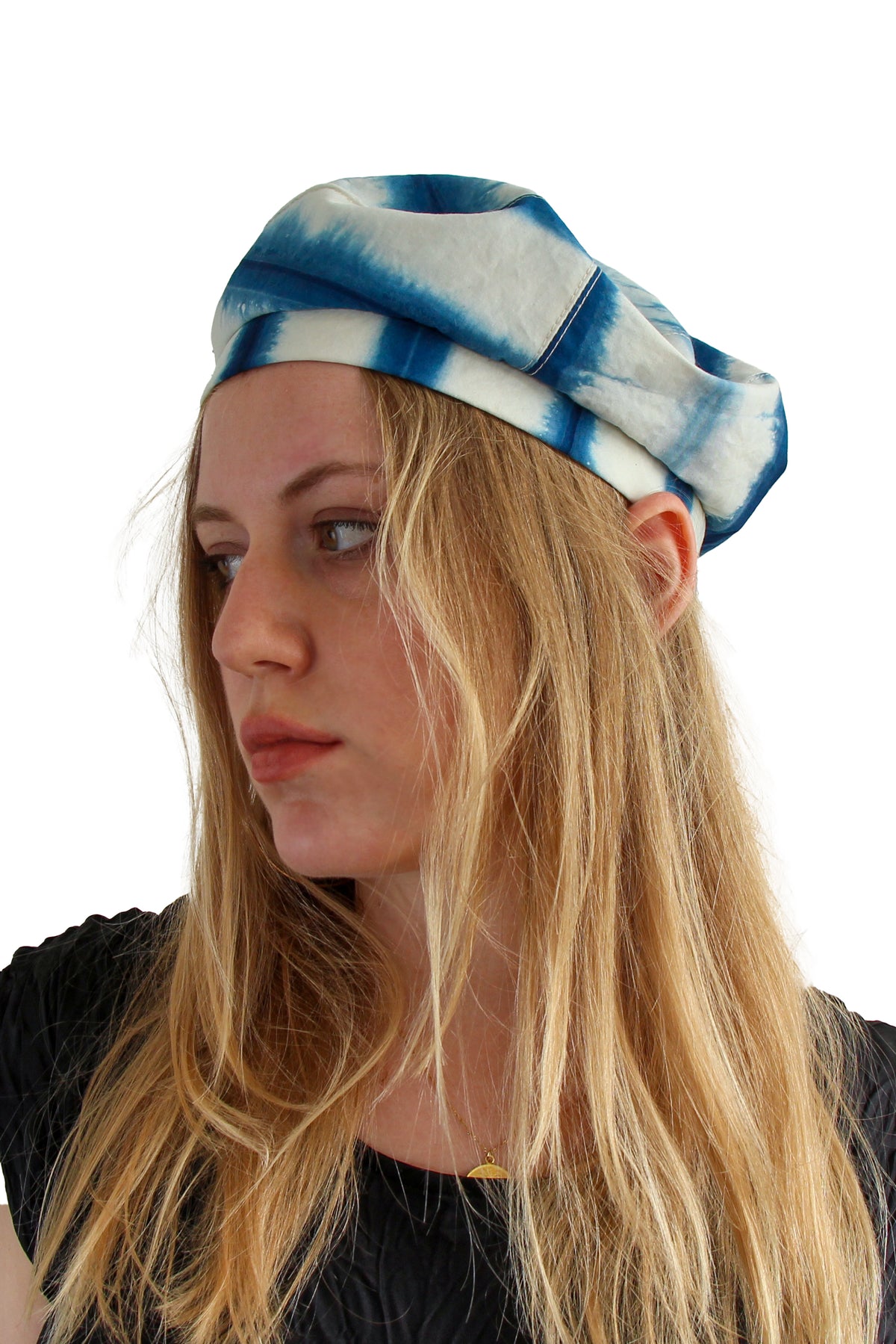Asymmetrical Beret Hat | Cotton | Indigo & Natural Stripe | Medium