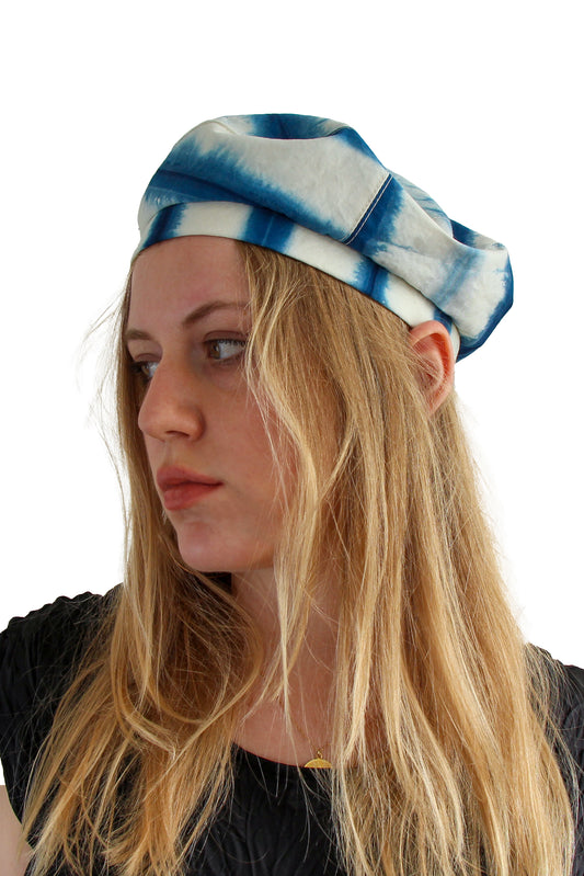 Asymmetrical Beret Hat - Indigo & Natural Stripe