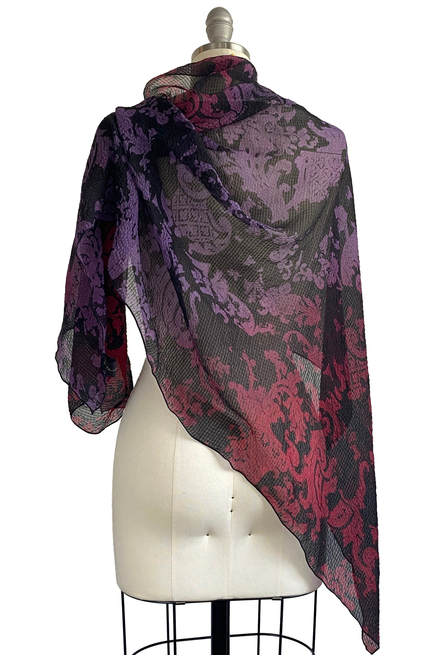 Shawl in Seersucker Silk w/ Wallpaper Print - Black, Magenta & Purple