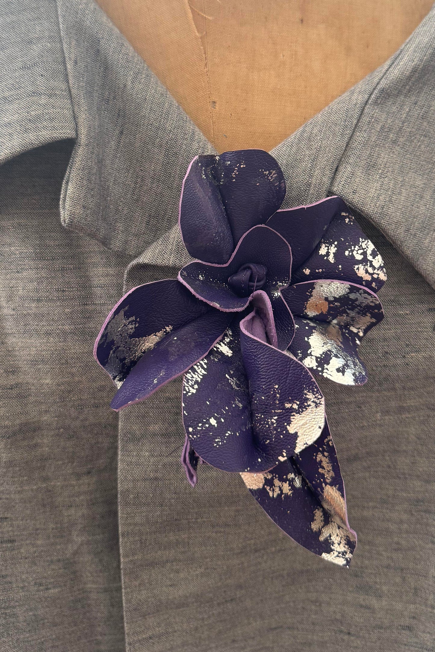 Magnetic Floral Brooch | Camellia | Leather | Foiled | Purple & Silver