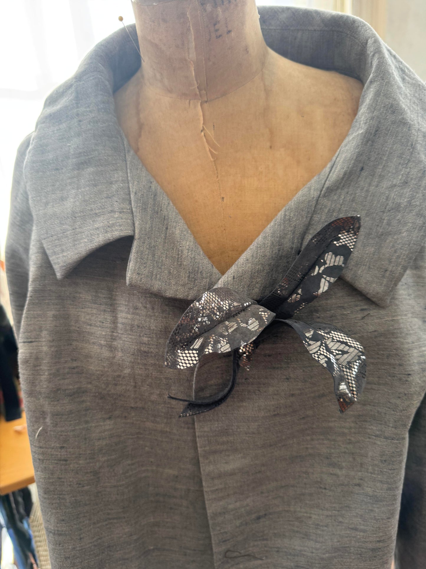 Magnetic Floral Brooch | Orchid | Leather | Charcoal Grey & Silver