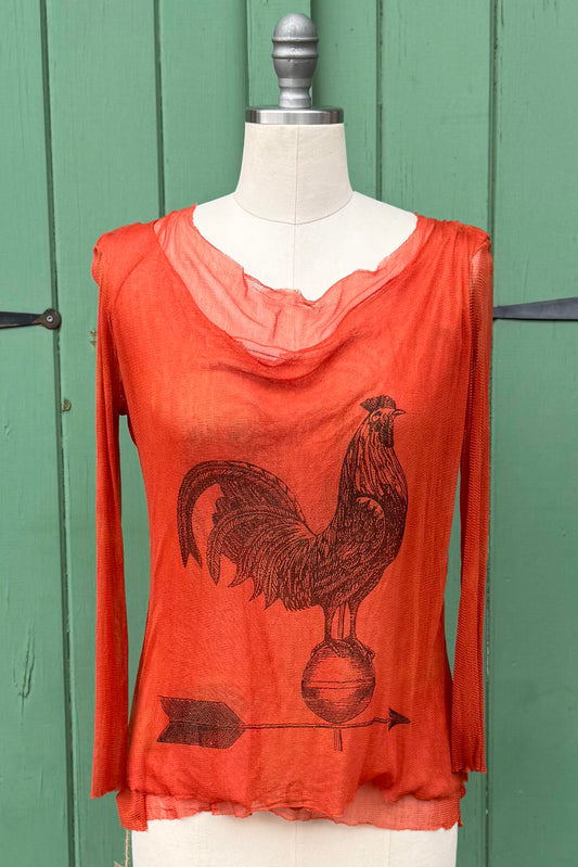 Silk Knit T | Silk Knit | Rooster Print | Orange