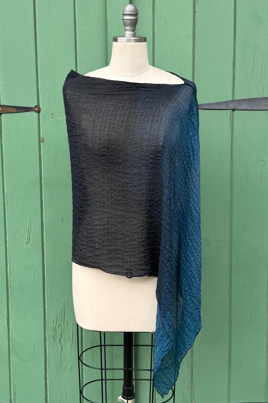 Asymmetrical Layover Poncho | Waffle Textured Silk | Ombre Dyed | Blue & Black
