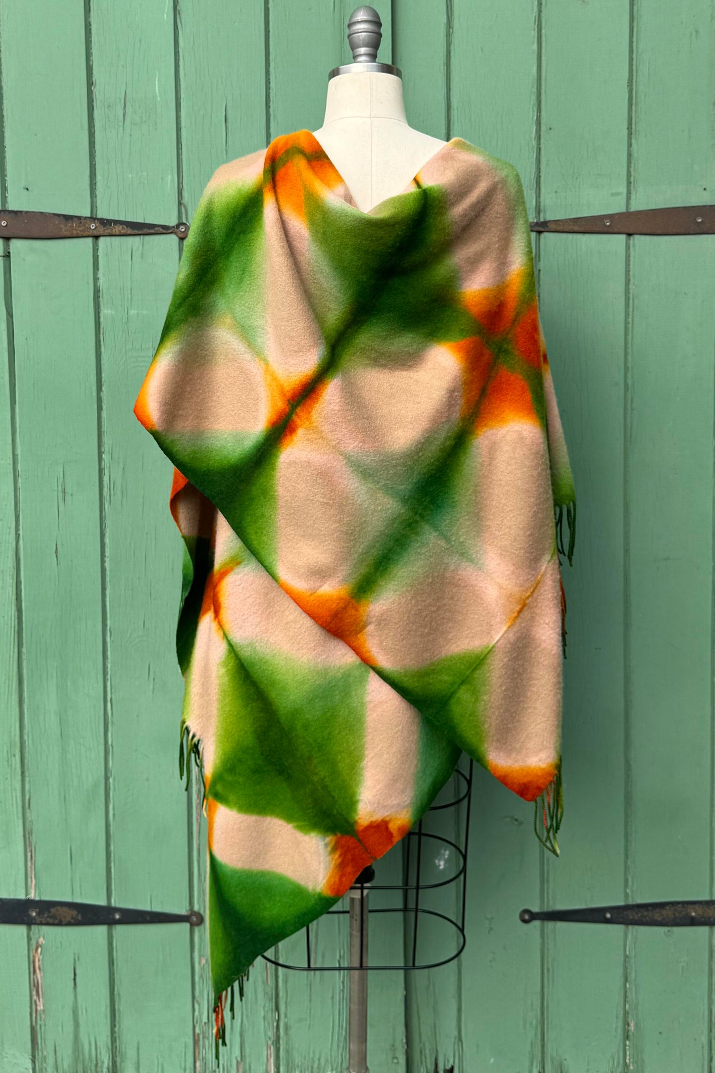 Asymmetrical Wrap Vest | Cashmere | Itajime Dyed | Tan, Green & Orange