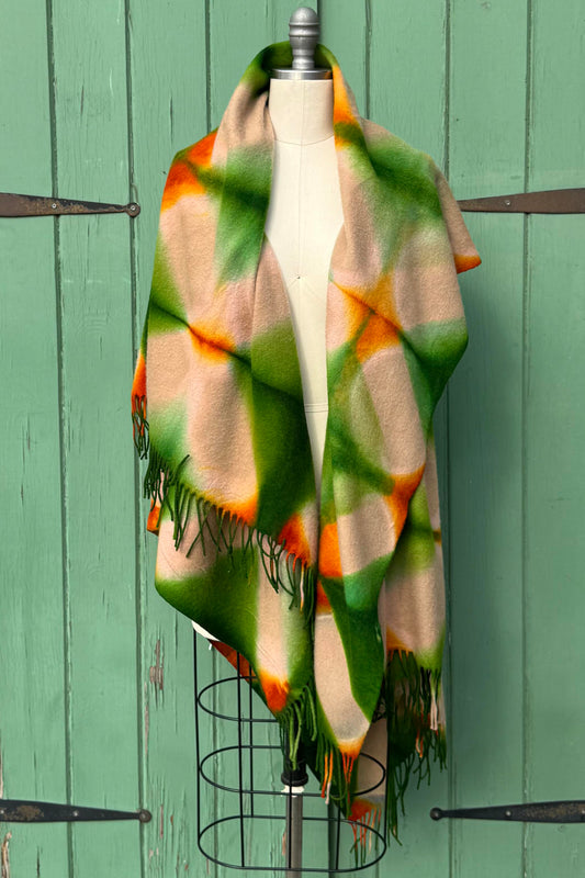 Asymmetrical Wrap Vest | Cashmere | Itajime Dyed | Tan, Green & Orange