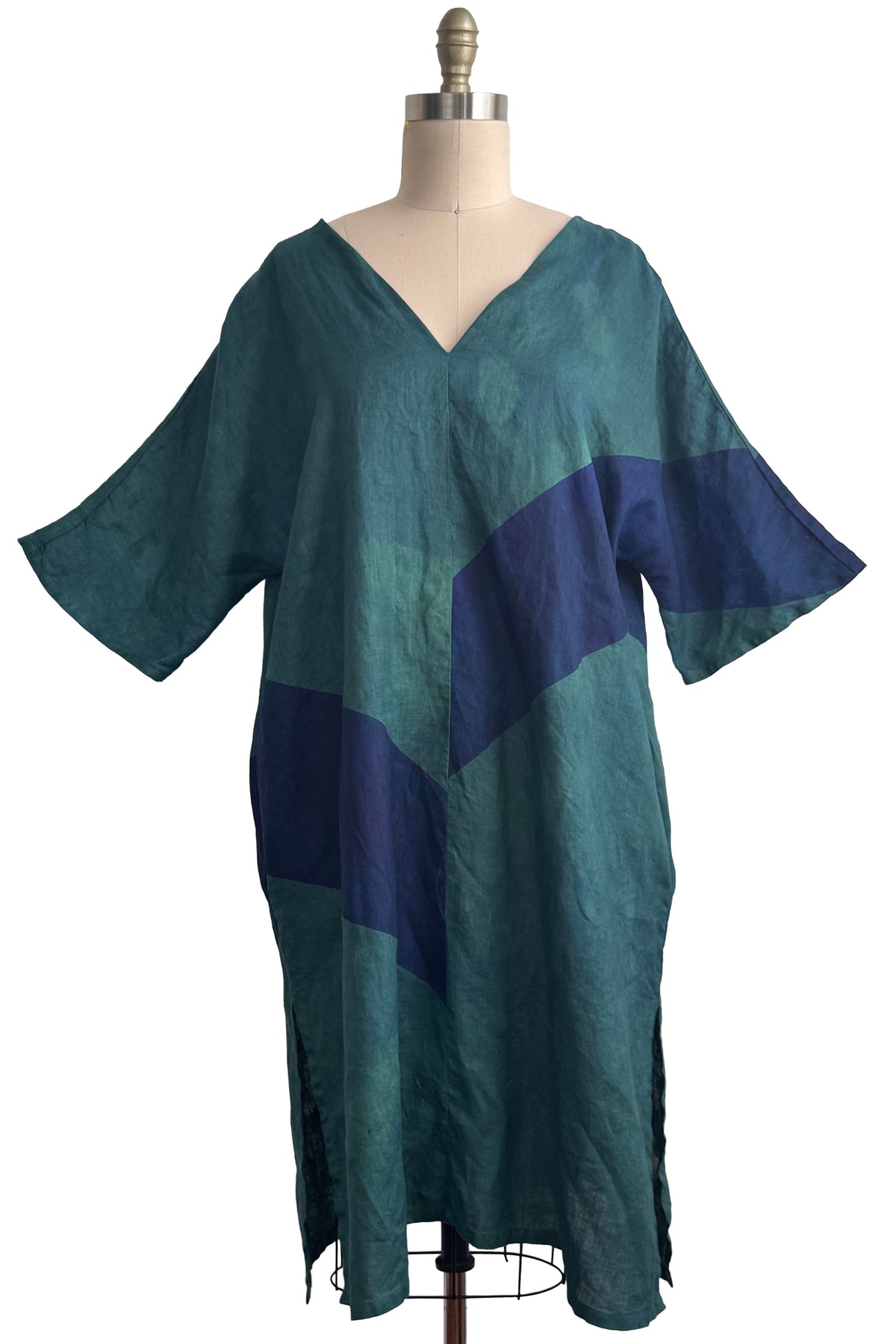 Kaftan Dress | Linen | Stripe Print | Indigo & Blue | Medium