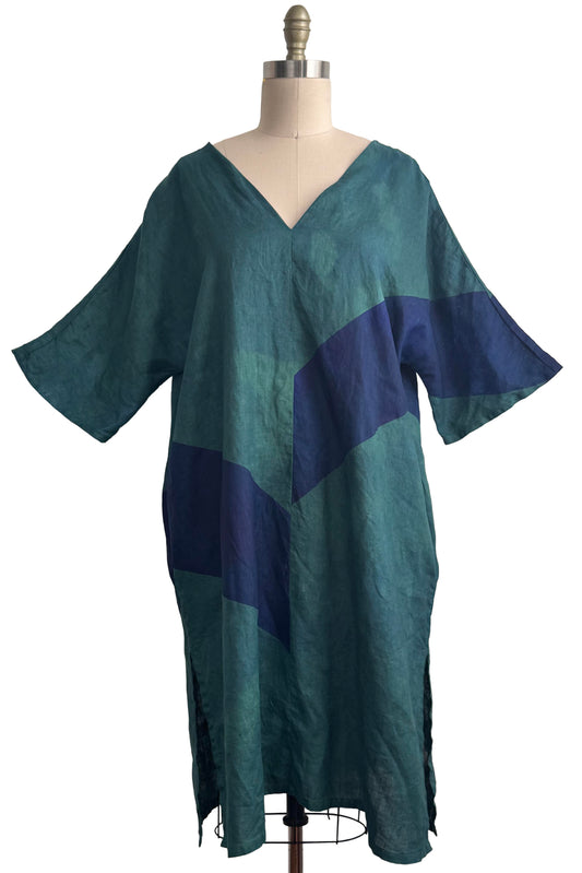 Kaftan Dress | Linen | Stripe Print | Indigo & Blue | Medium
