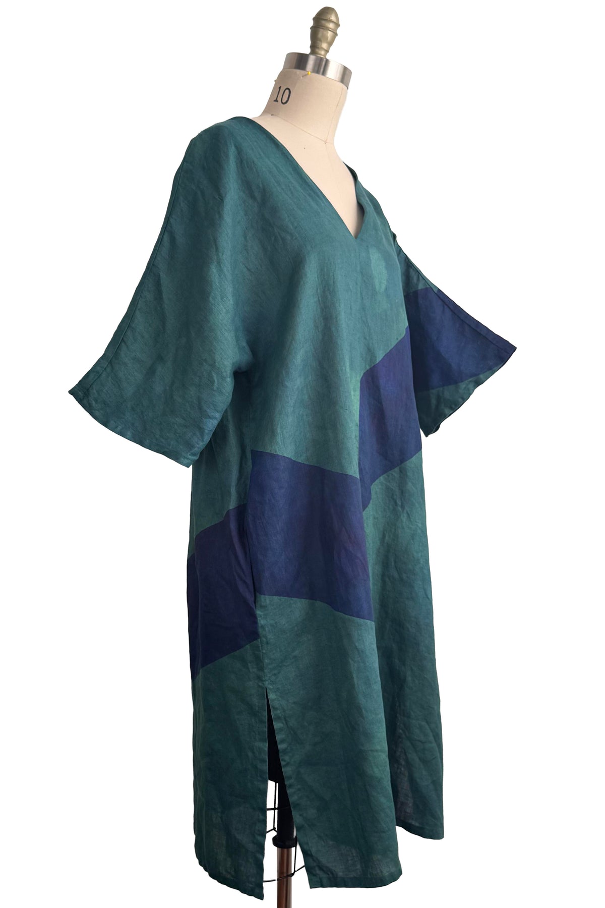 Kaftan Dress | Linen | Stripe Print | Indigo & Blue | Medium