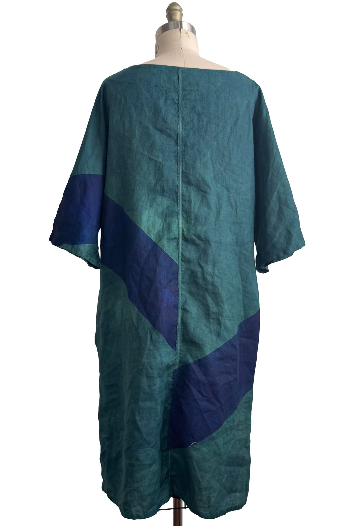 Kaftan Dress | Linen | Stripe Print | Indigo & Blue | Medium