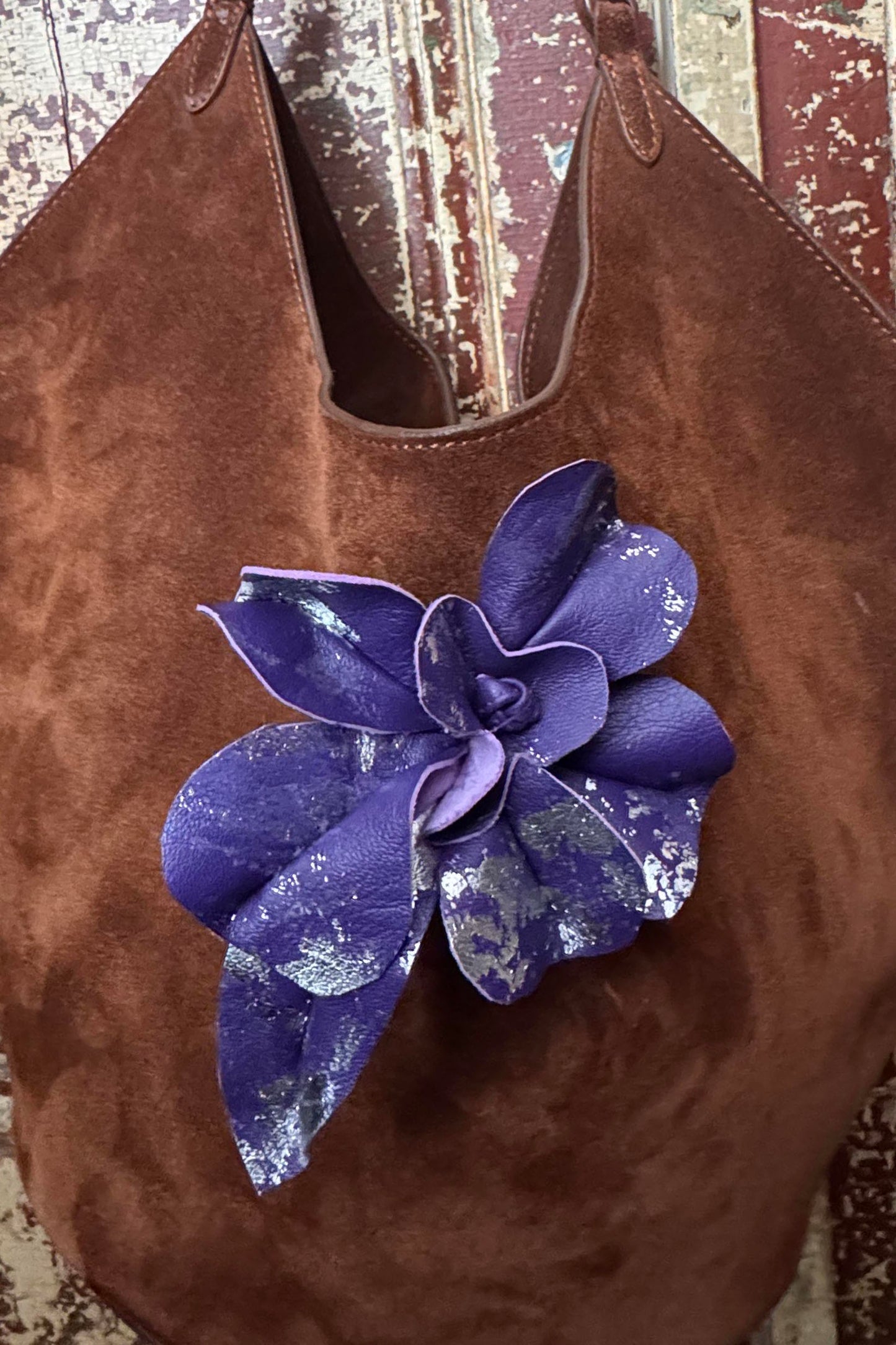 Magnetic Floral Brooch | Camellia | Leather | Foiled | Purple & Silver