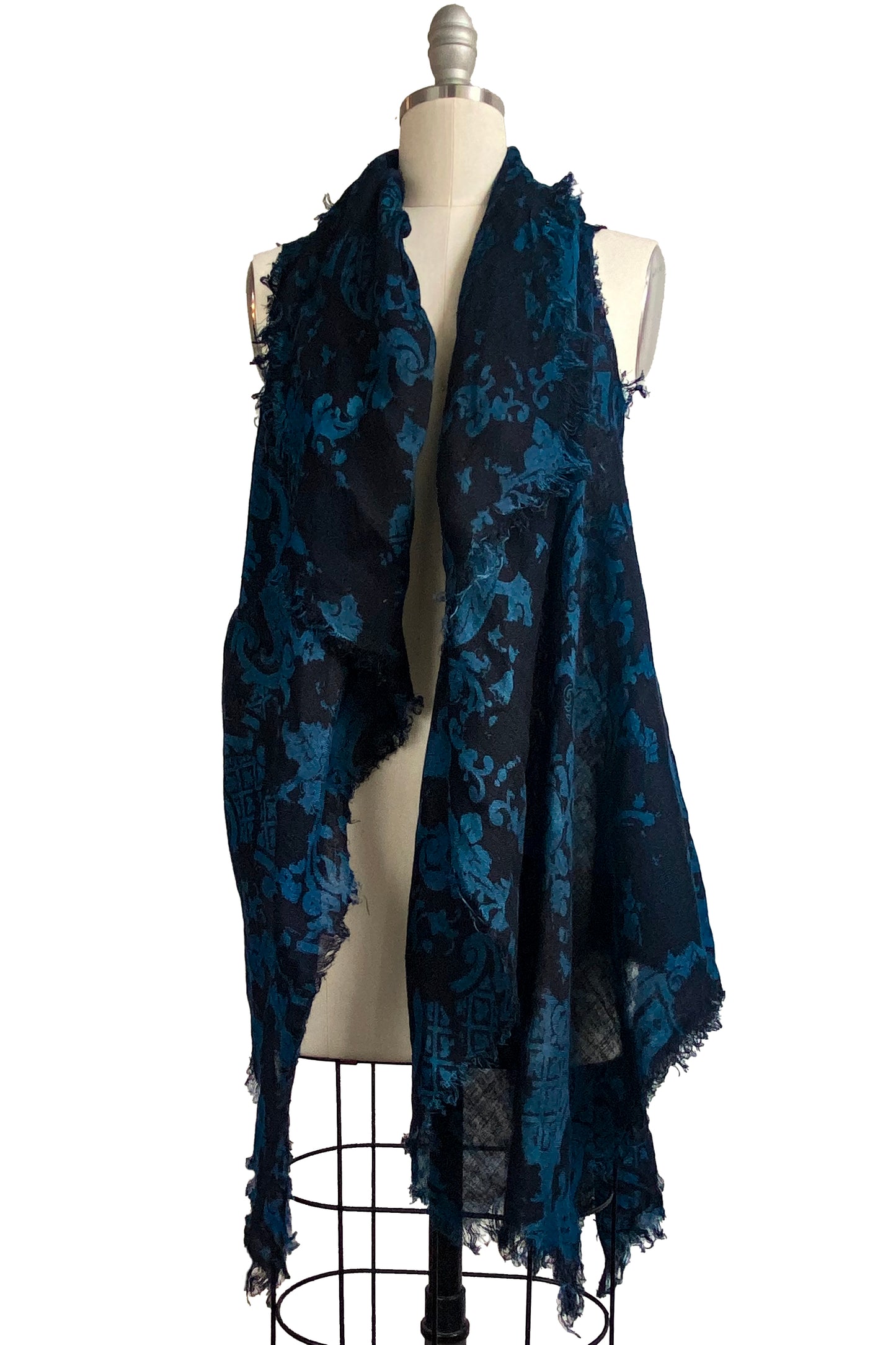 Asymmetrical Wrap Vest in Open Weave Linen w/ Wallpaper Print - Black & Blue