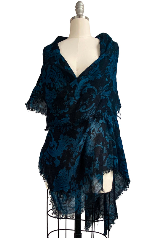 Asymmetrical Wrap Vest in Open Weave Linen w/ Wallpaper Print - Black & Blue