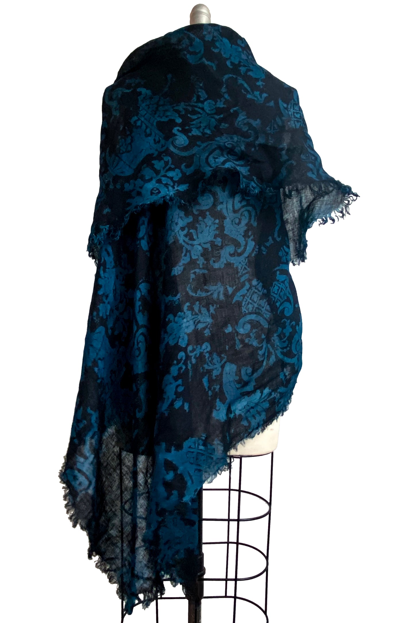 Asymmetrical Wrap Vest in Open Weave Linen w/ Wallpaper Print - Black & Blue