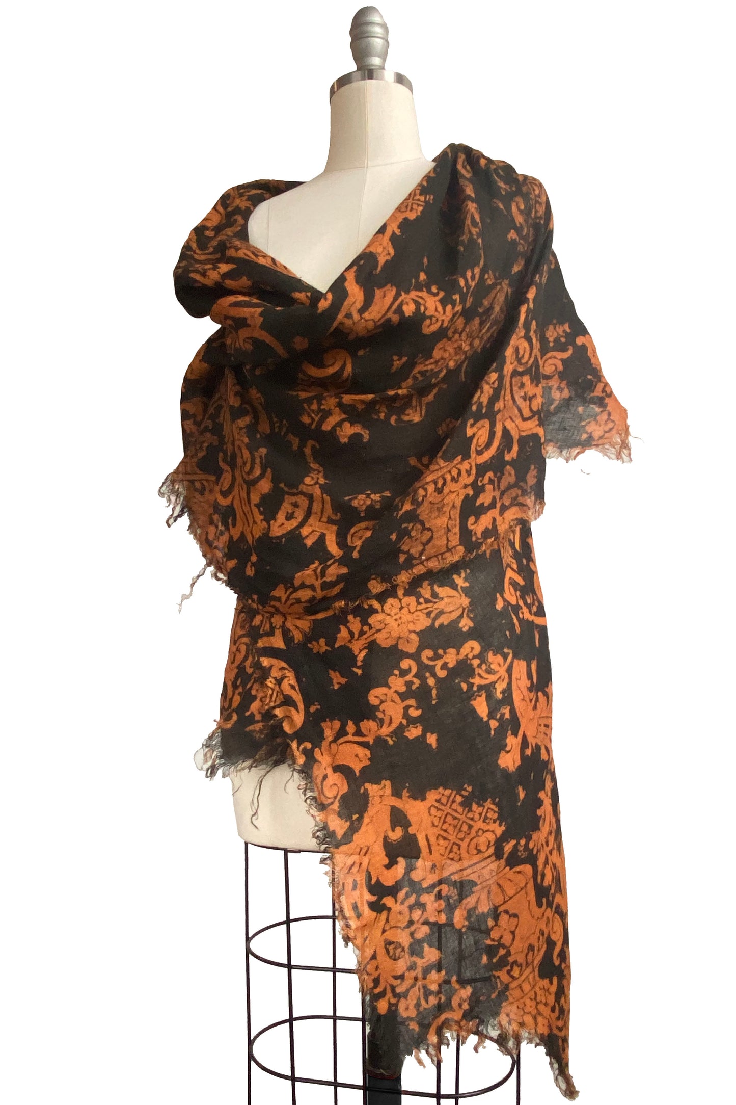 Asymmetrical Wrap Vest - Open Weave Linen w/ Wallpaper Print - Black & Orange