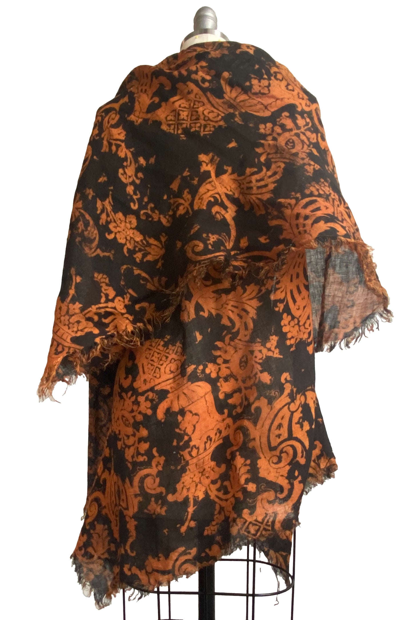 Asymmetrical Wrap Vest - Open Weave Linen w/ Wallpaper Print - Black & Orange