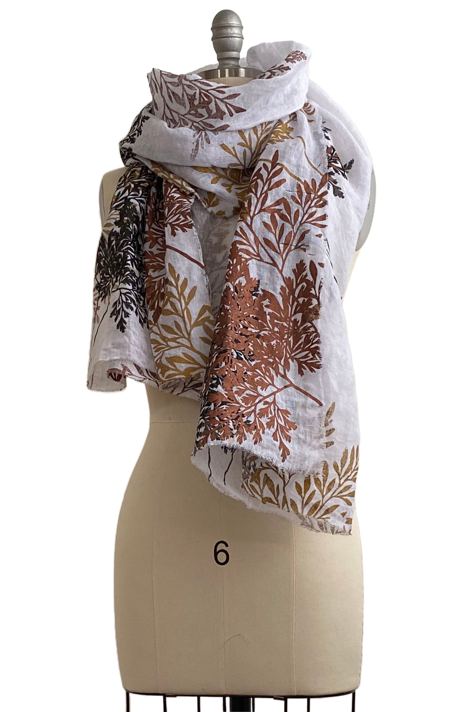 Open Weave Linen Shawl w/ Fern Print - White