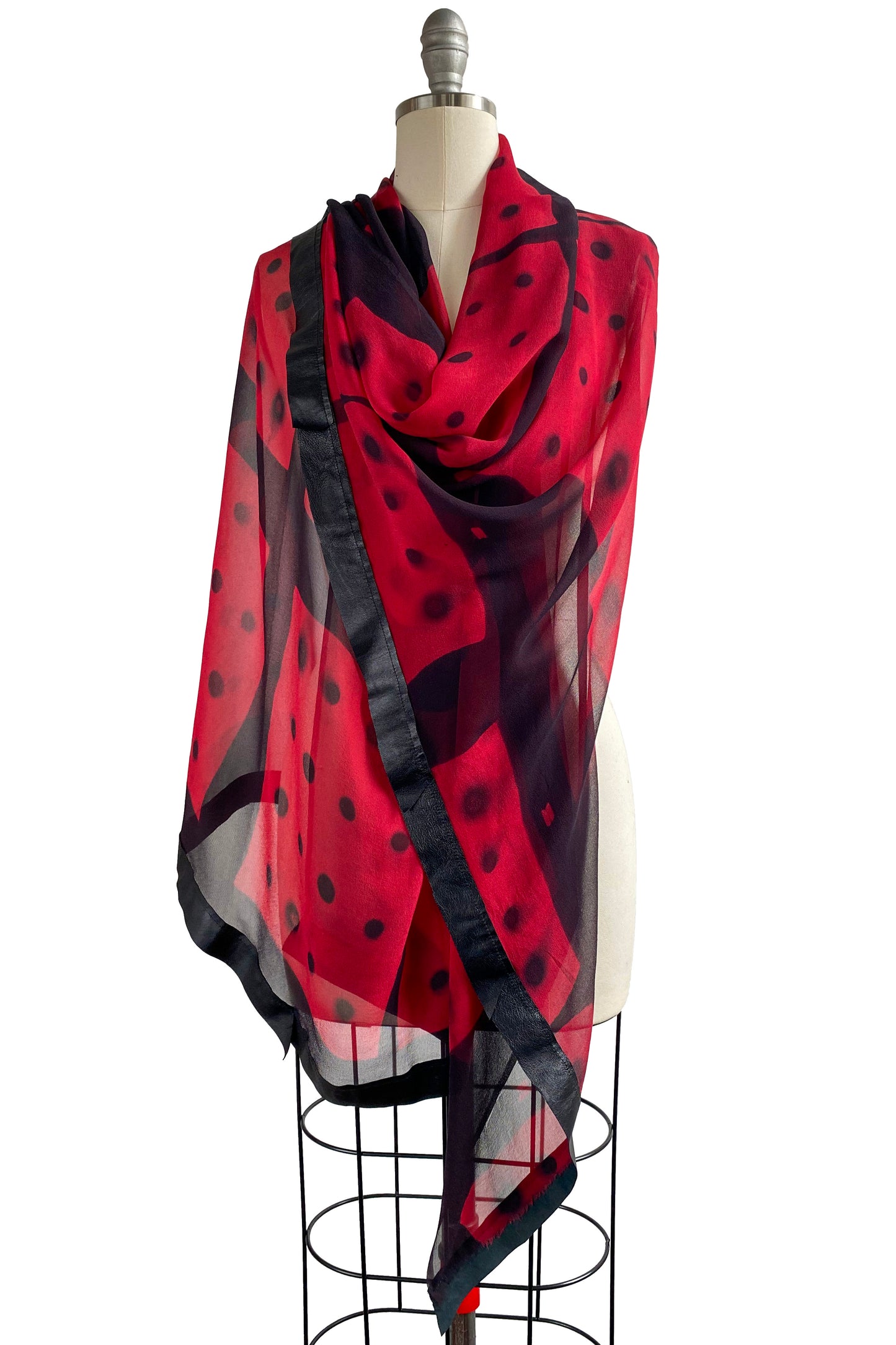 Chiffon Shawl w/ Leather Trim Domino Dye - Red & Black