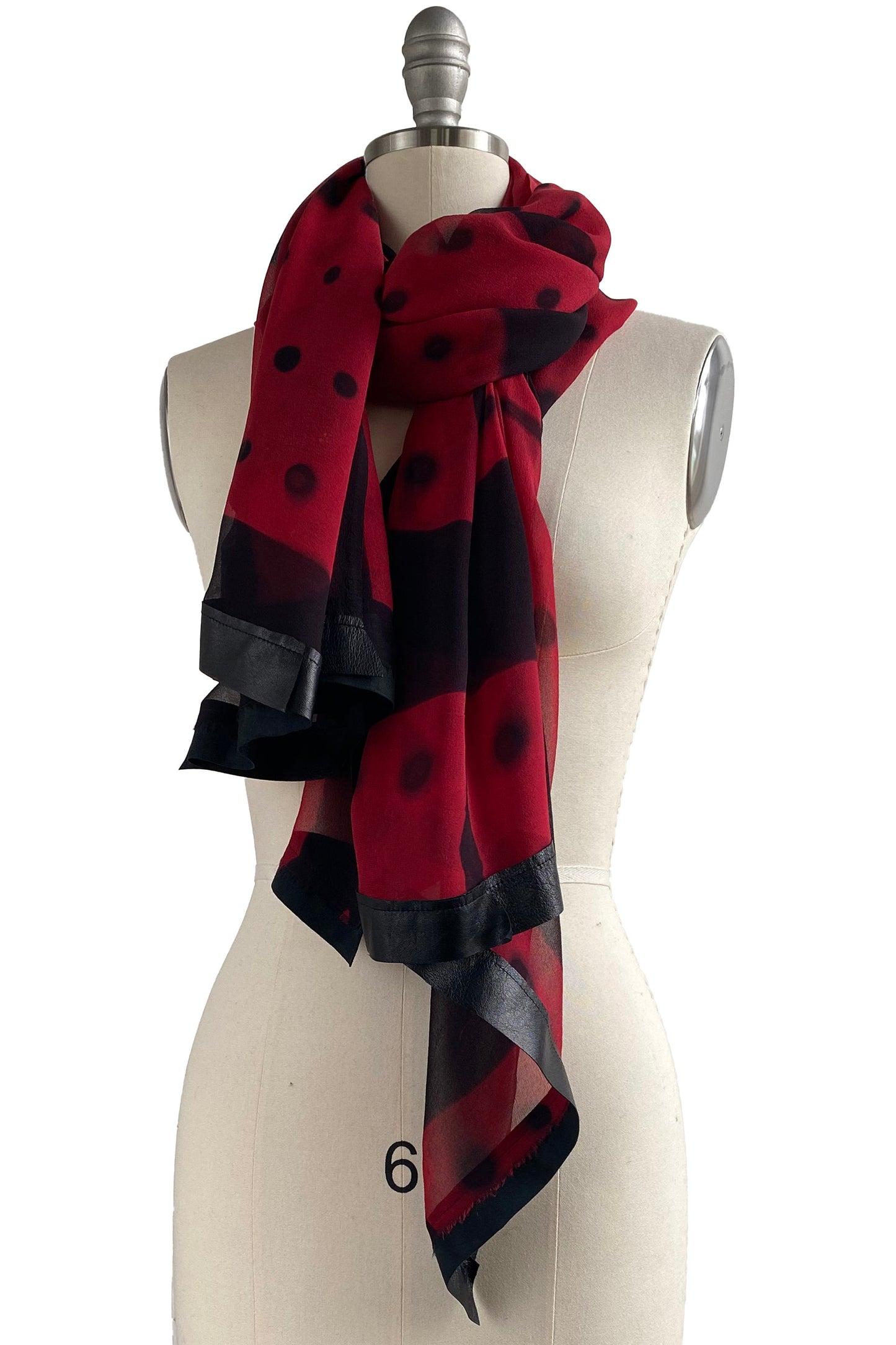 Chiffon Shawl w/ Leather Trim Domino Dye - Red & Black