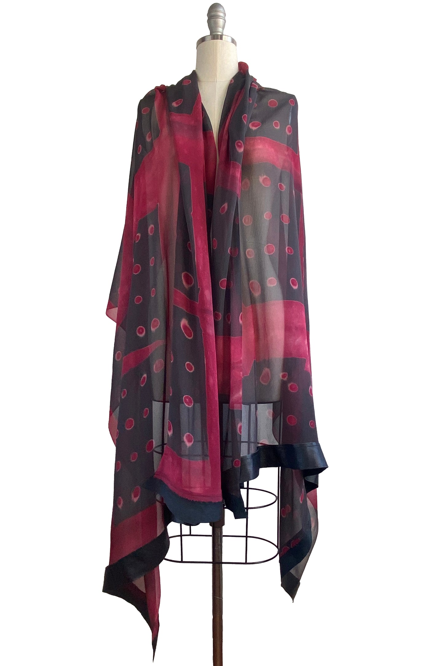 Chiffon Shawl w/ Leather Trim Domino Dye - Maroon & Black