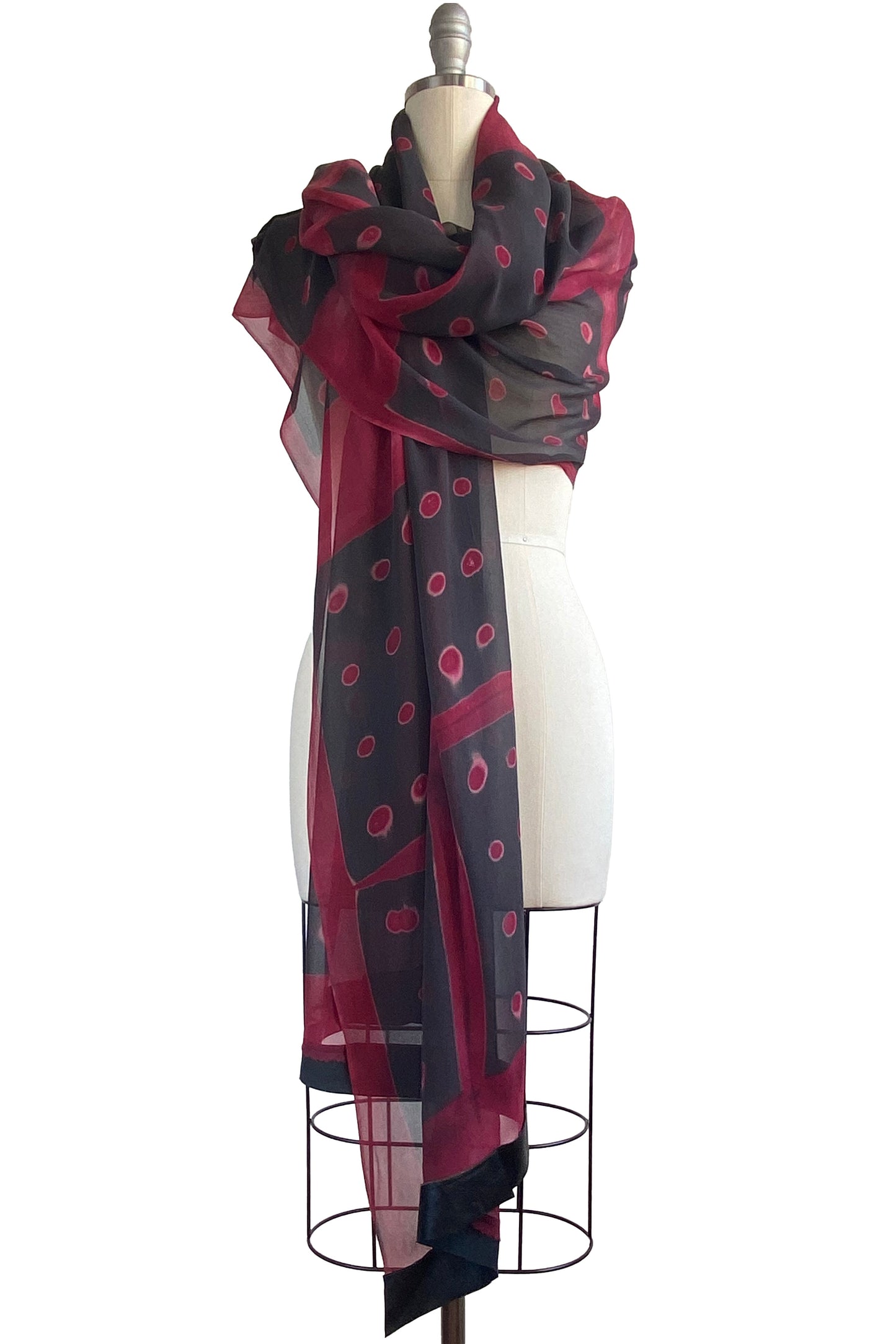 Chiffon Shawl w/ Leather Trim Domino Dye - Maroon & Black