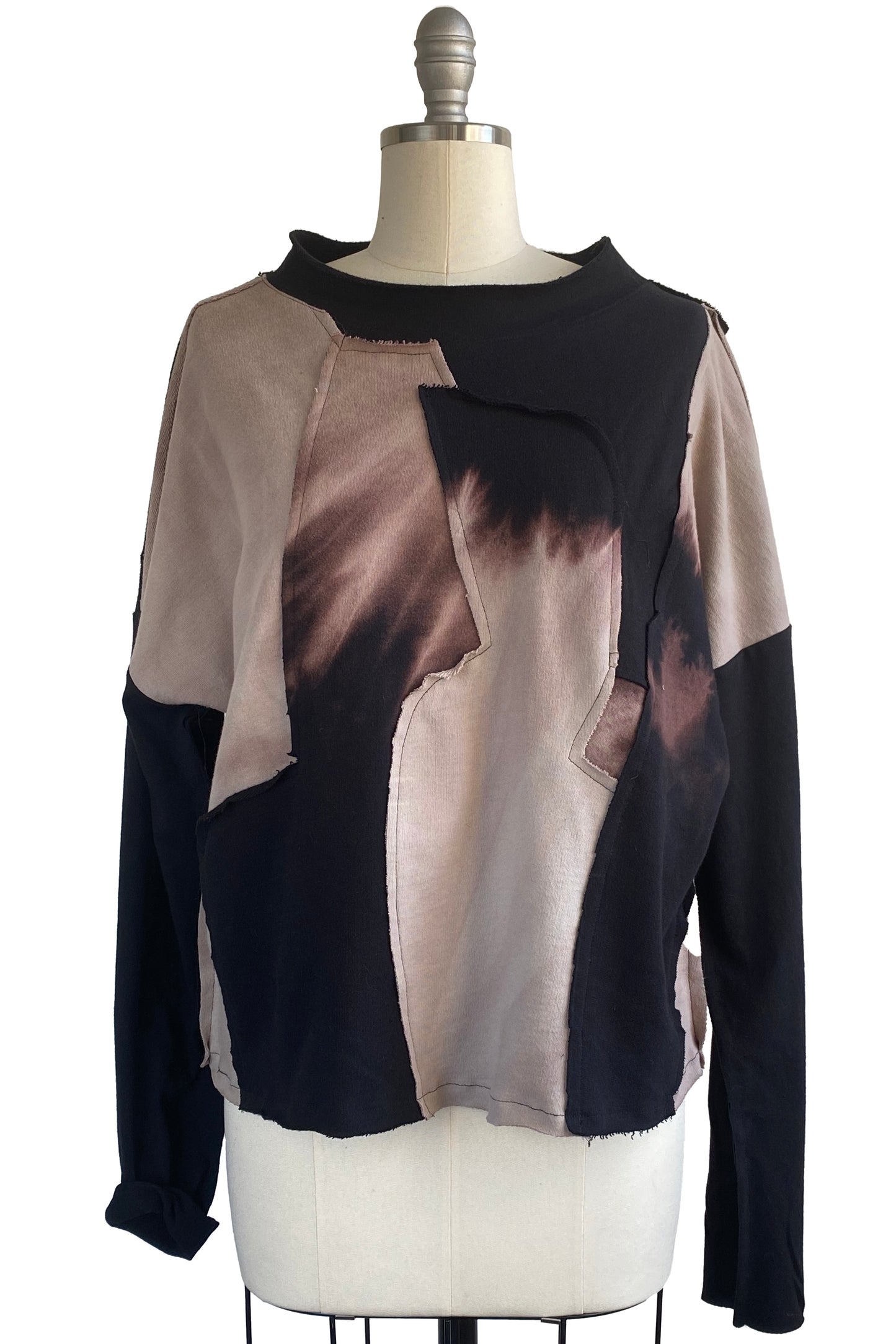 Jen Crop Top with Long Sleeve & Patchwork - Black & Natural Ombre - Medium