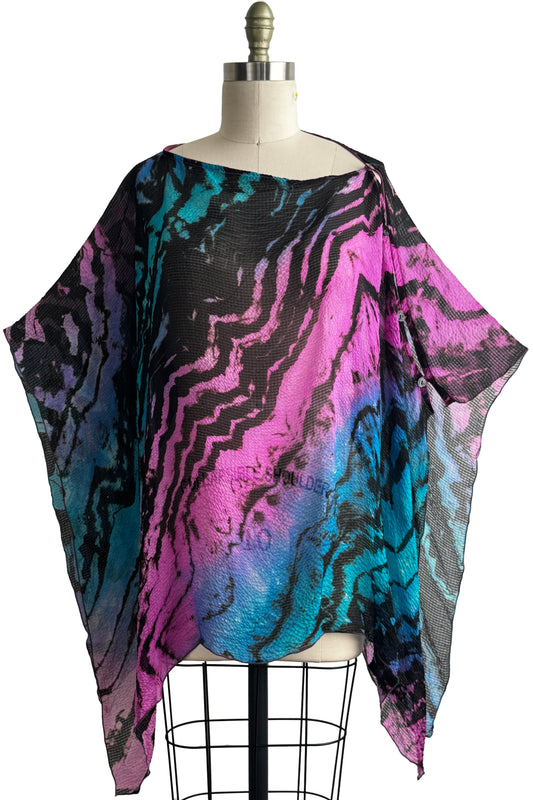 Button Drape | Seersucker Silk | Arashi Dye | Pink, Black & Aqua