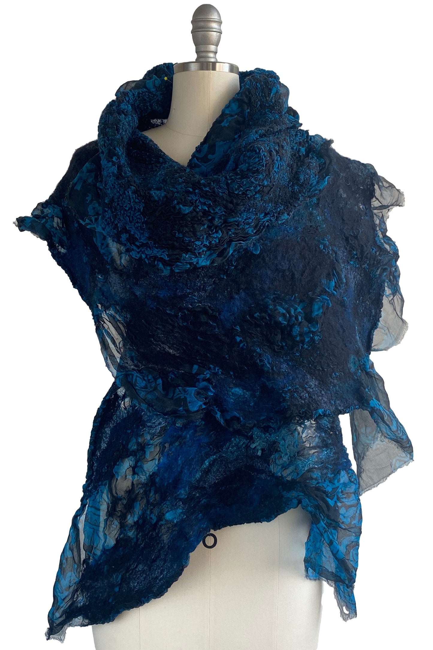 Felted Organza Shawl w/ Wallpaper Print - Turquoise & Black