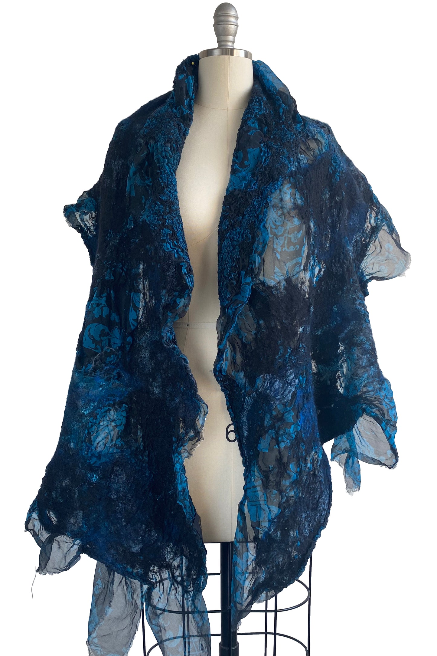 Felted Organza Shawl w/ Wallpaper Print - Turquoise & Black