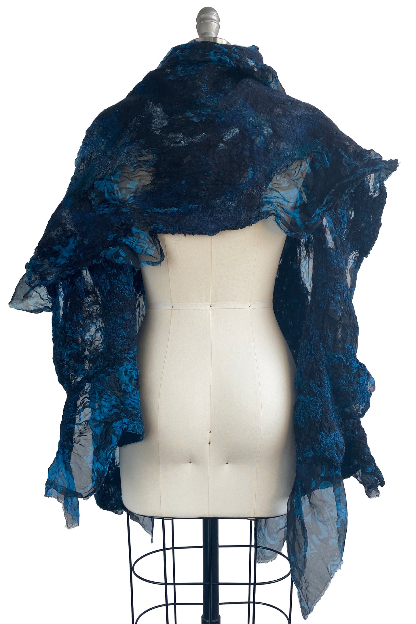 Felted Organza Shawl w/ Wallpaper Print - Turquoise & Black