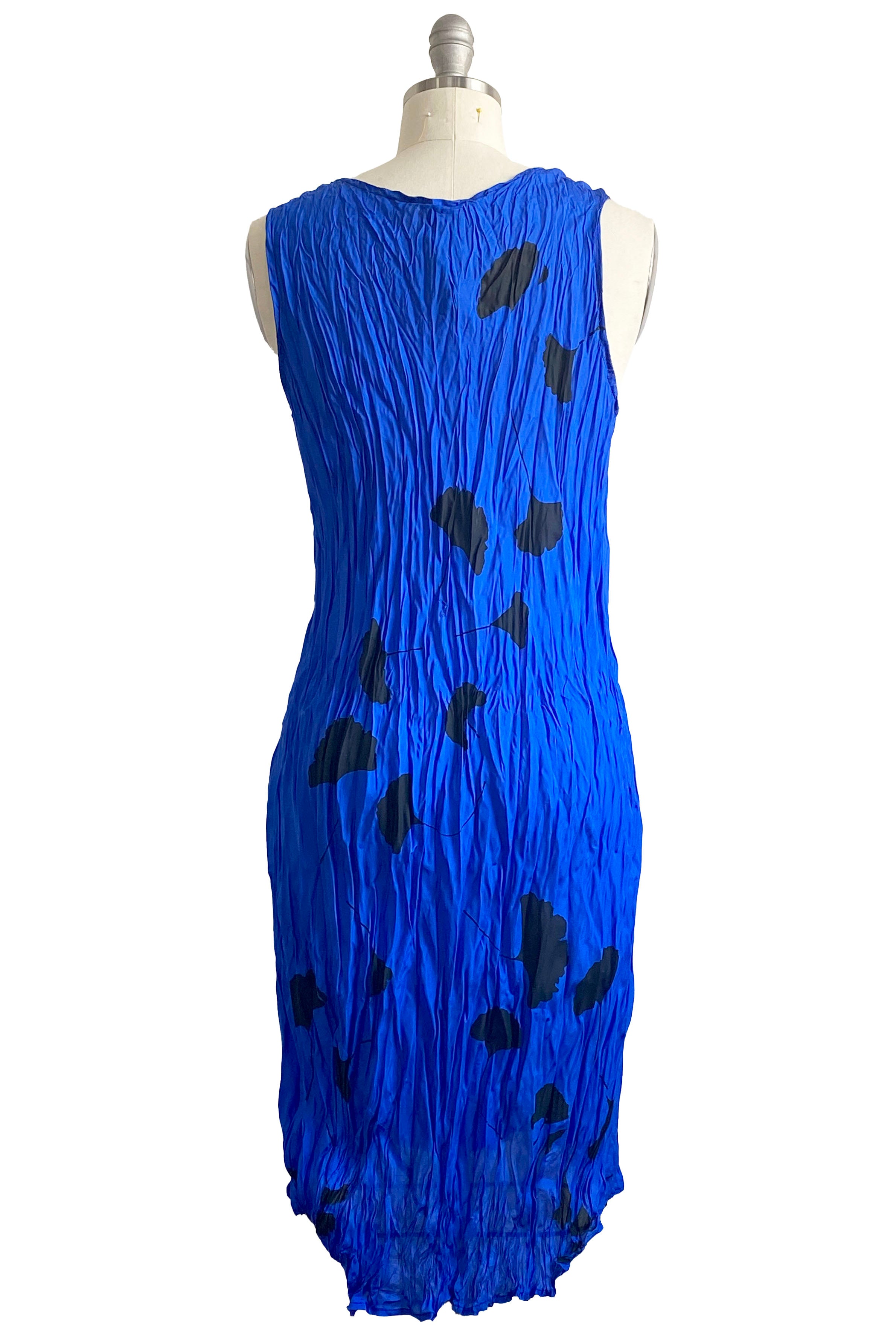 Crinkle Tank Dress in China Silk w/ Ginkgo Print - Cobalt Blue