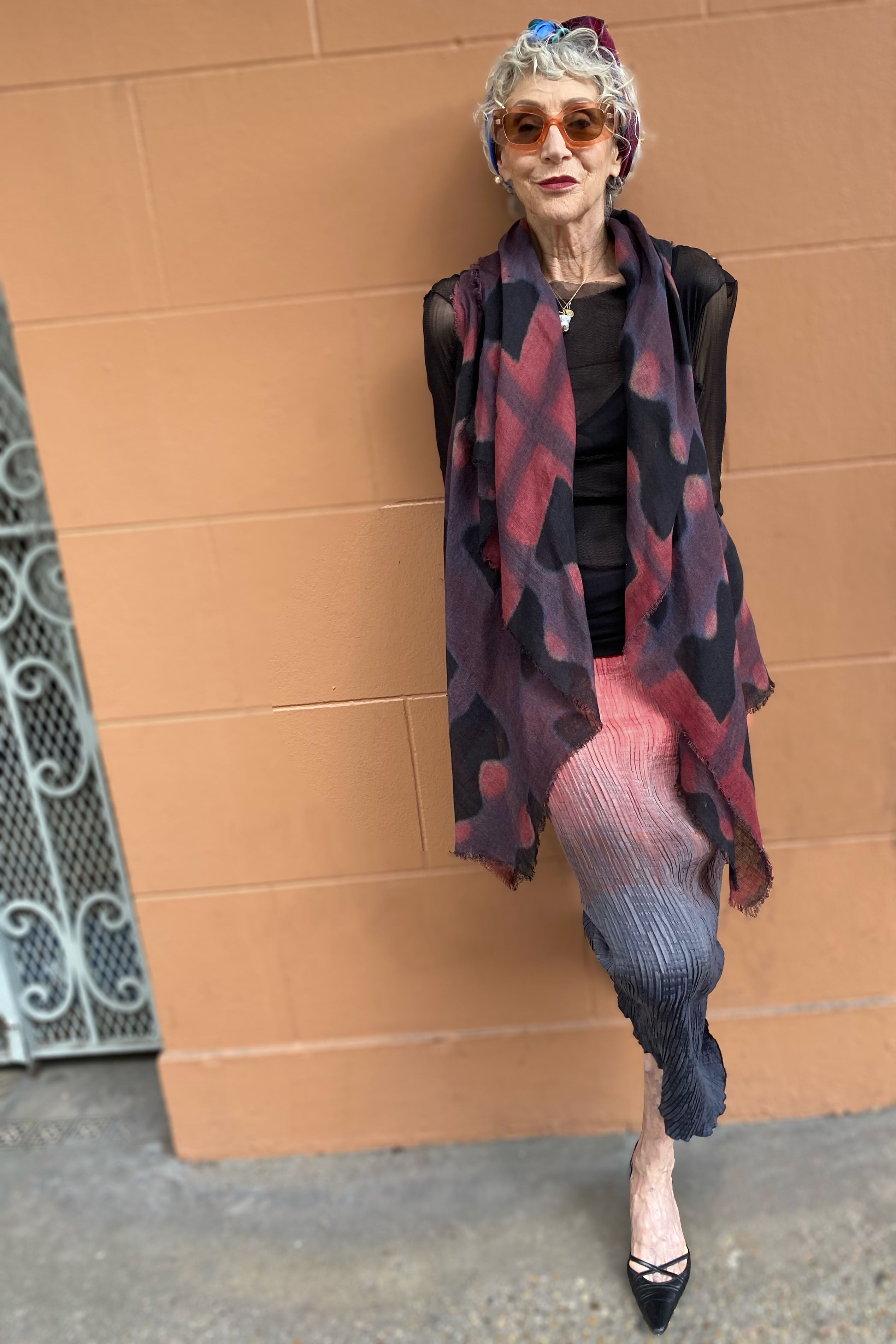 Asymmetrical Wrap Vest - Open Weave Linen w/ Wallpaper Print - Crimson & Natural