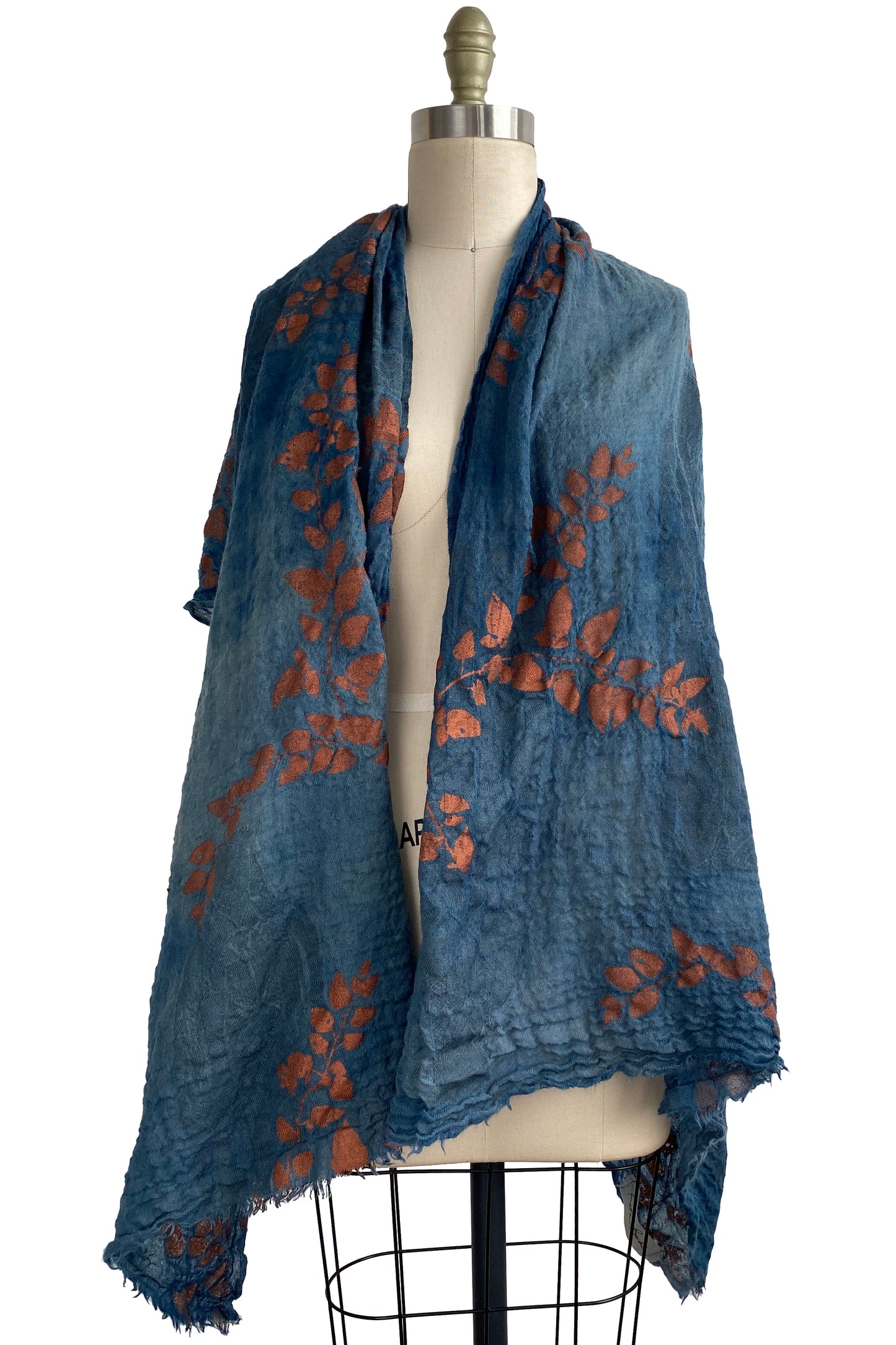 Felted Wool Shawl w/ Vine Print - Indigo