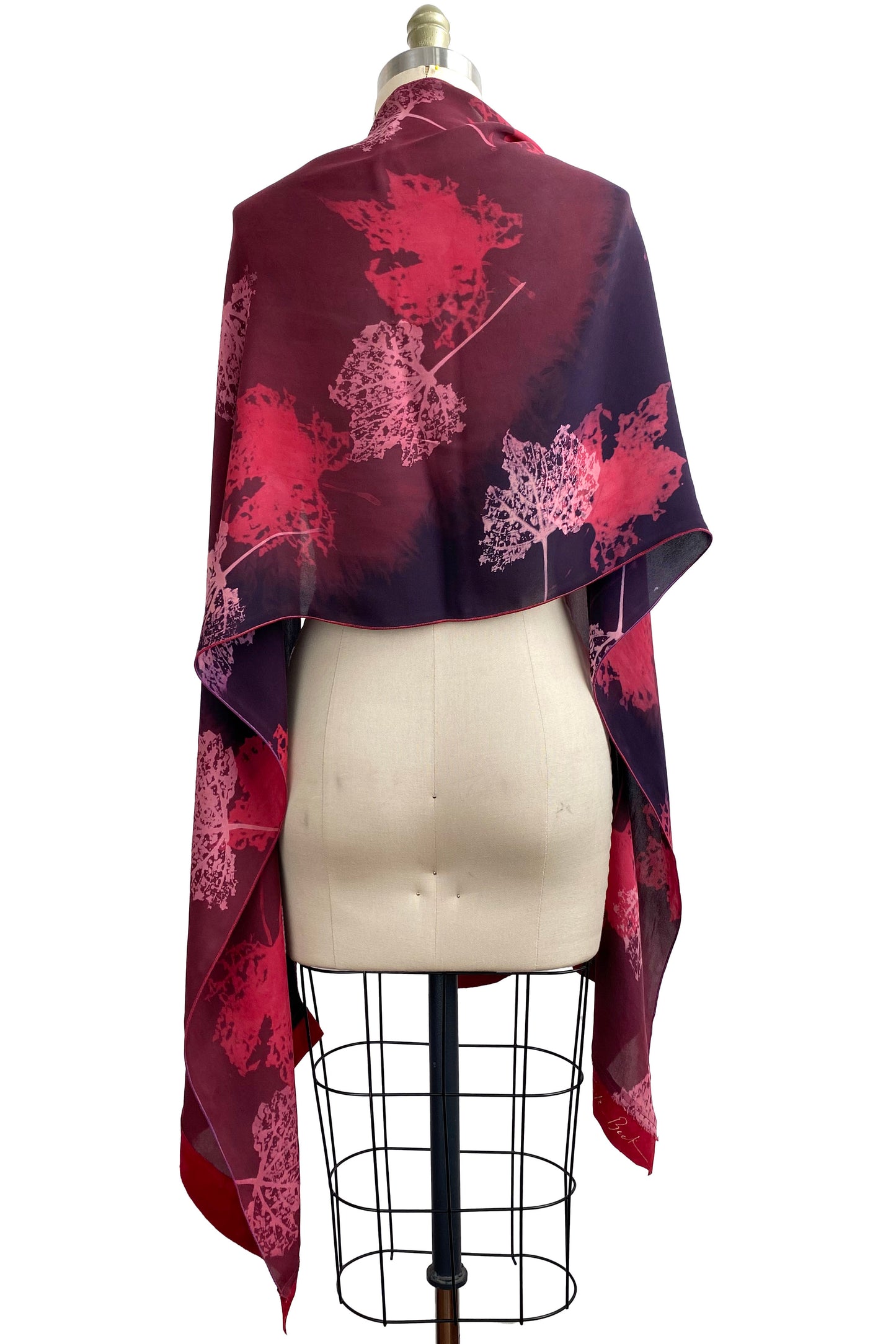 Chiffon Shawl w/ Leather Trim Leaf Print - Red & Purple