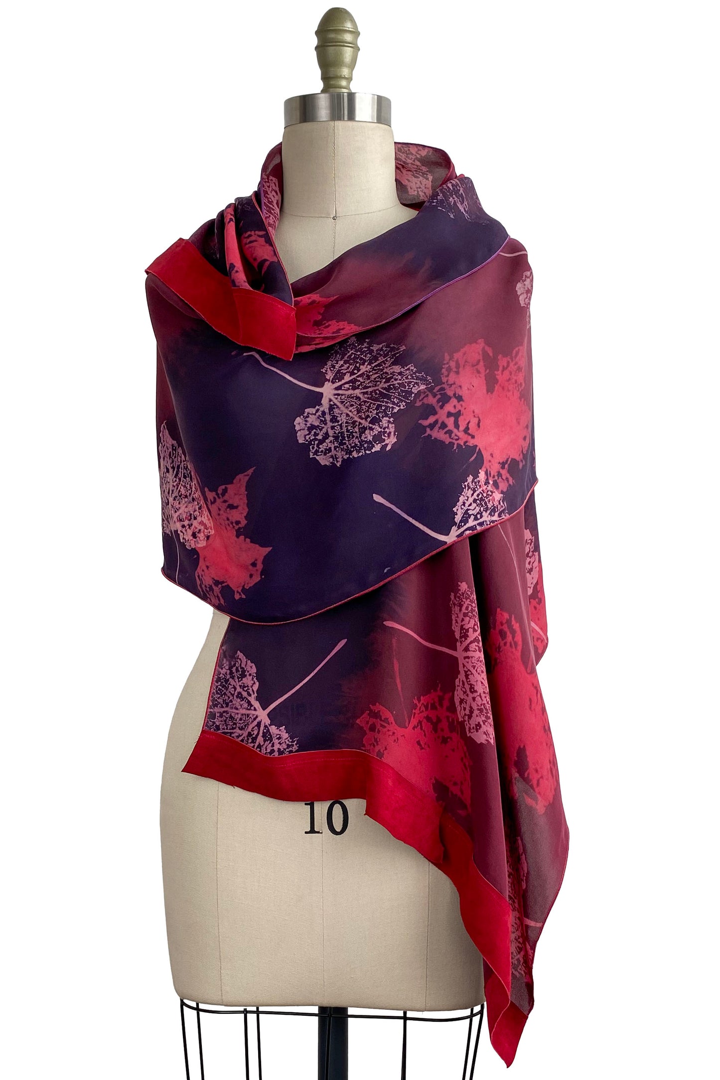 Chiffon Shawl w/ Leather Trim Leaf Print - Red & Purple