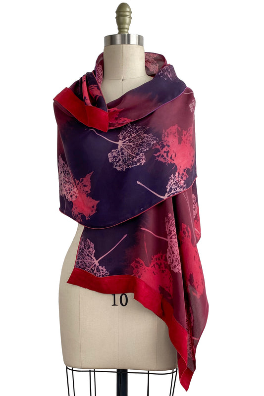 Chiffon Shawl w/ Leather Trim Leaf Print | Red & Purple