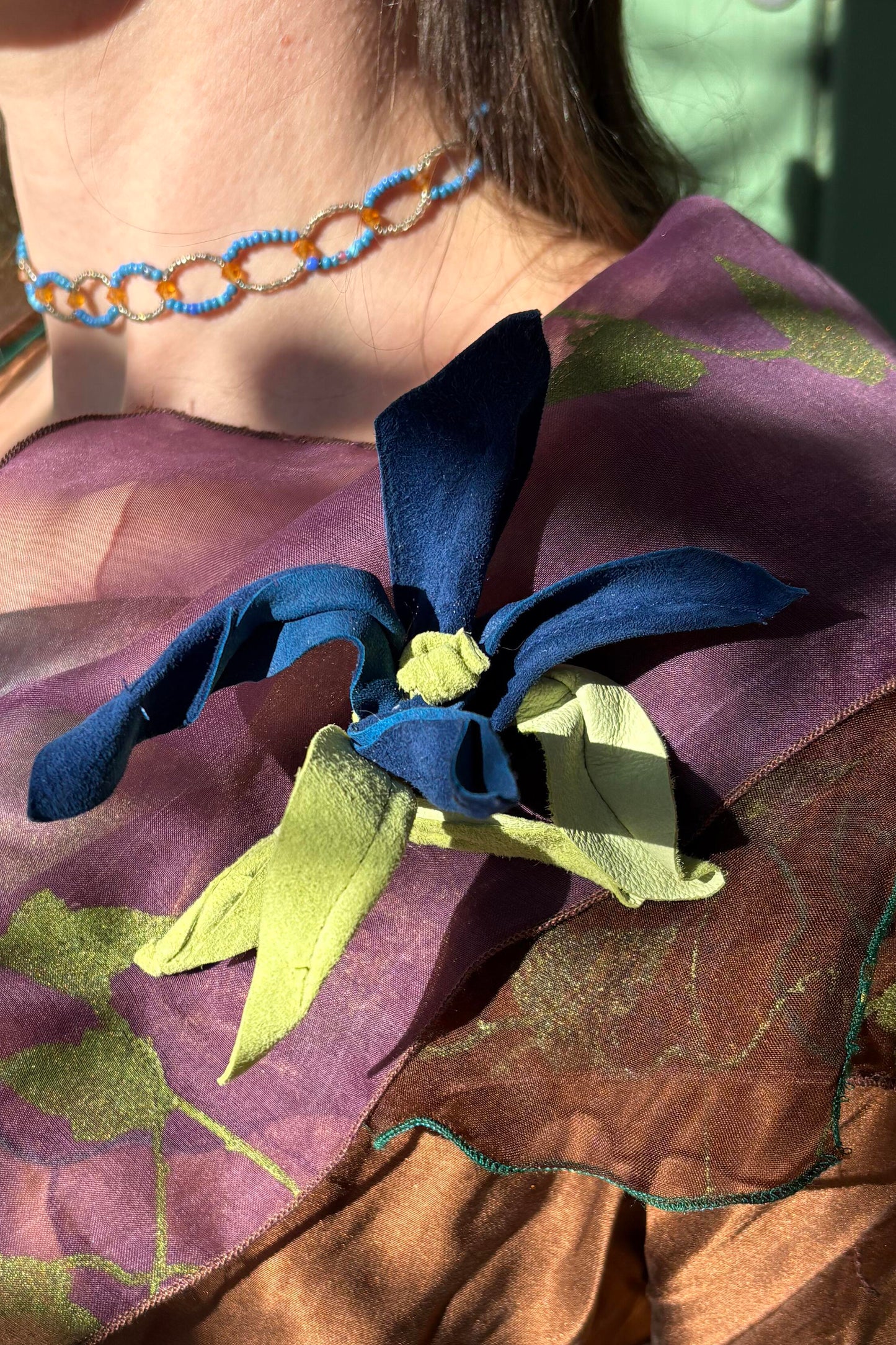 Leather Flower Magnetic Brooch - Blue & Green Orchid