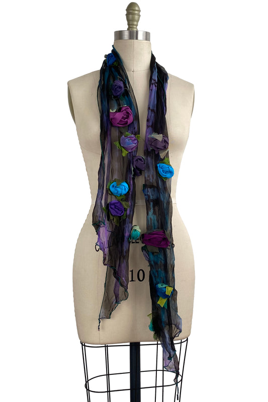 Flower Scarf - Black w/ Purple & Blue