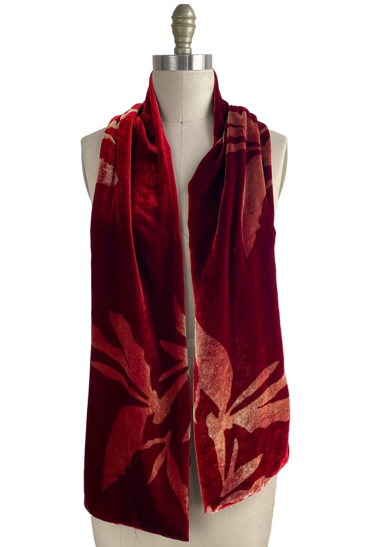 Velvet Scarf w/ Azalea Print - Red & Natural