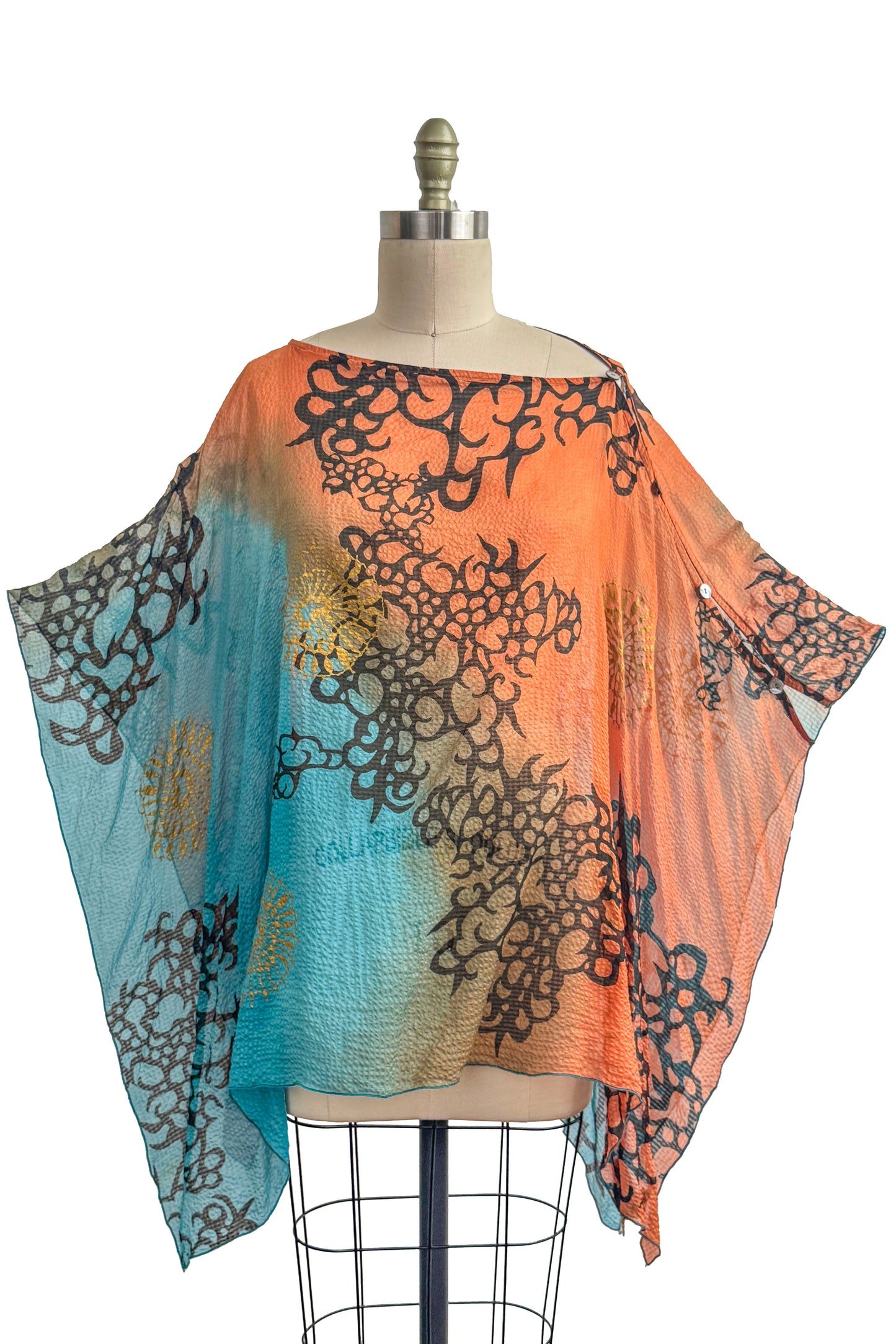 Button Drape | Seersucker Silk | Oceana Print | Orange & Blue