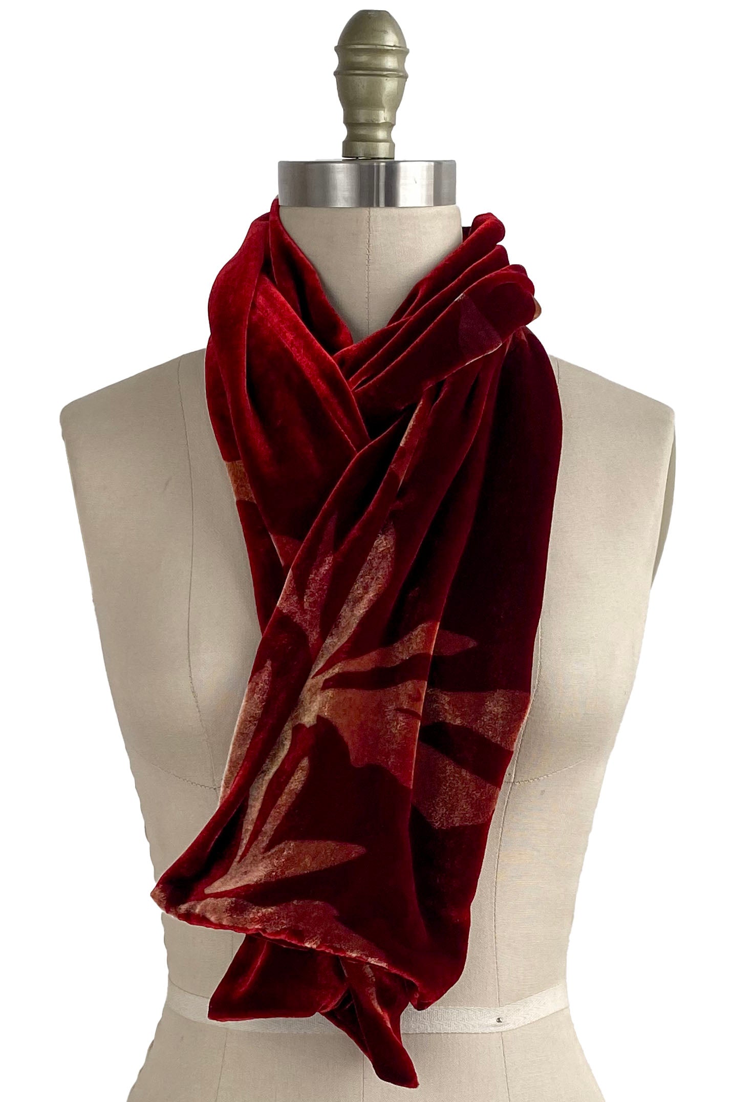 Velvet Scarf w/ Azalea Print - Red & Natural