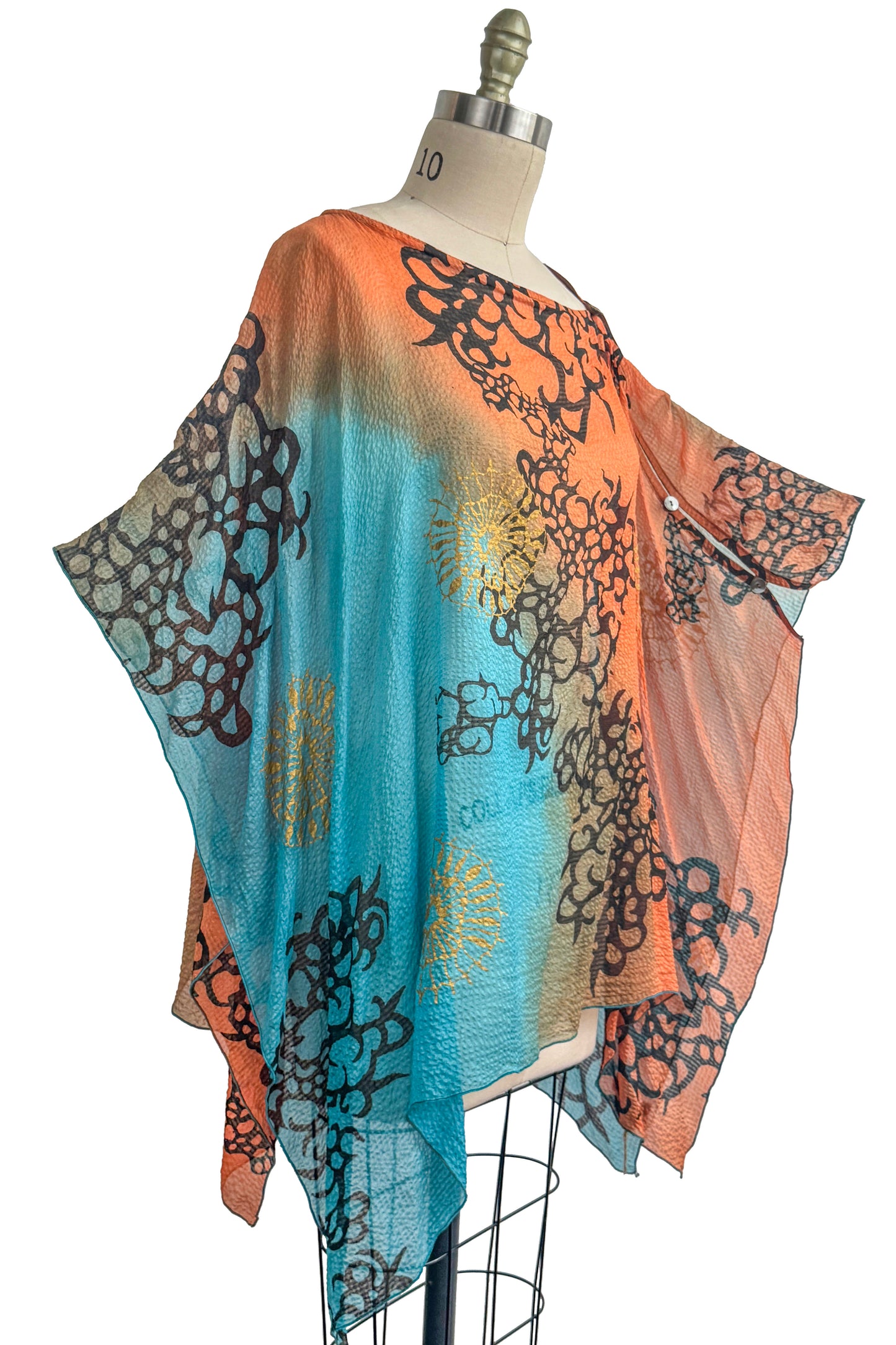 Button Drape | Seersucker Silk | Oceana Print | Orange & Blue